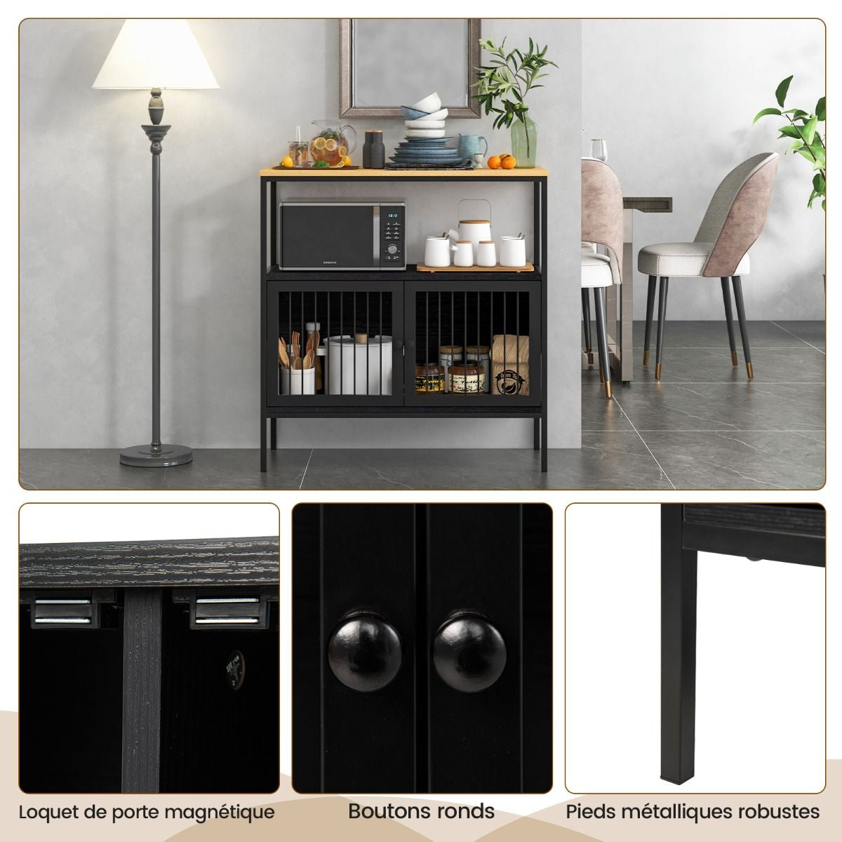 Buffet Bas de Cuisine avec 2 Portes et Étagère Ouverte 80x35x90cm Armoire de rangement avec Dispositif Anti-basculement Noir