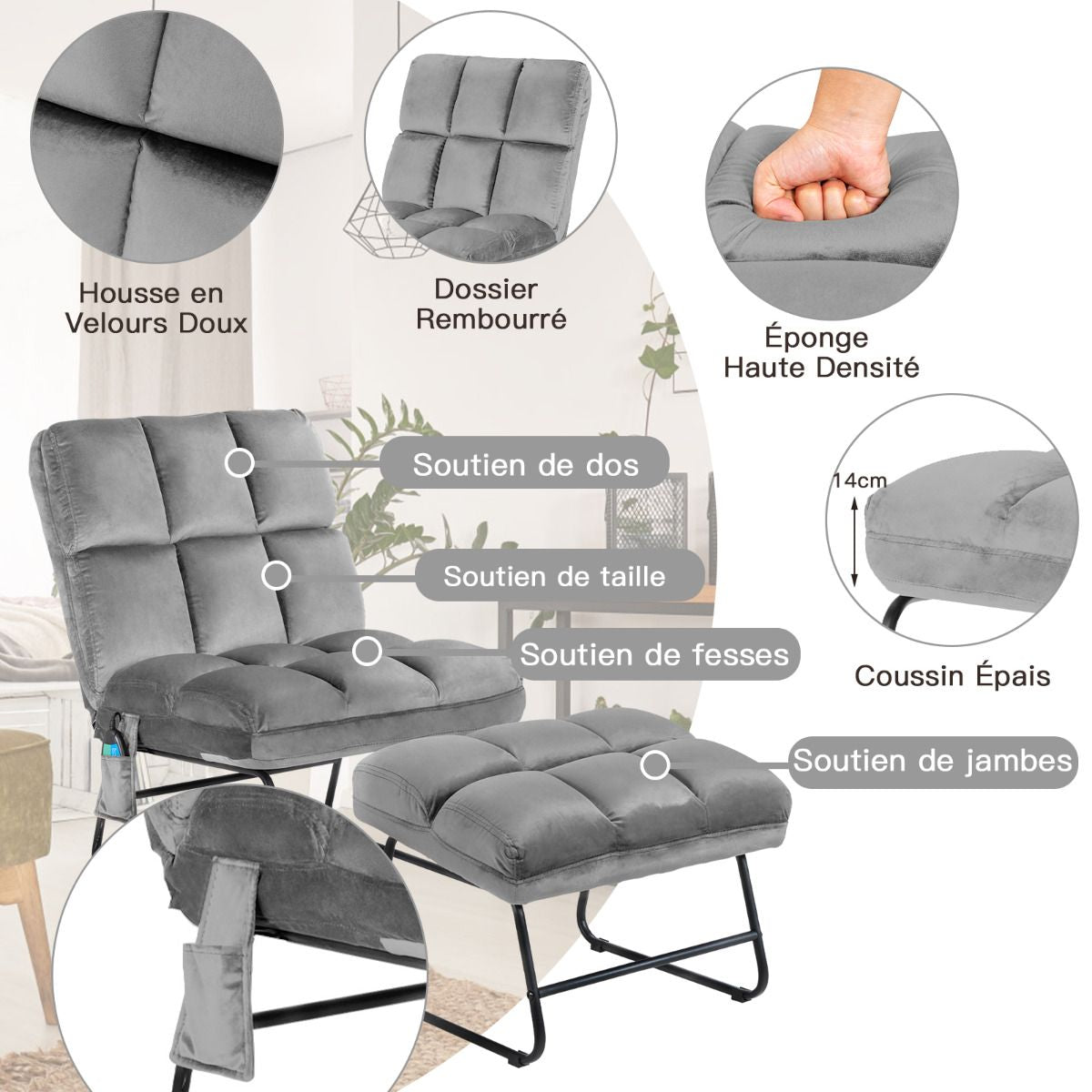 Fauteuil Relax 5 Modes de Massage en 4 Points sur Dos et Lombaire 2 Niveaux de Vibration en Velours Gris