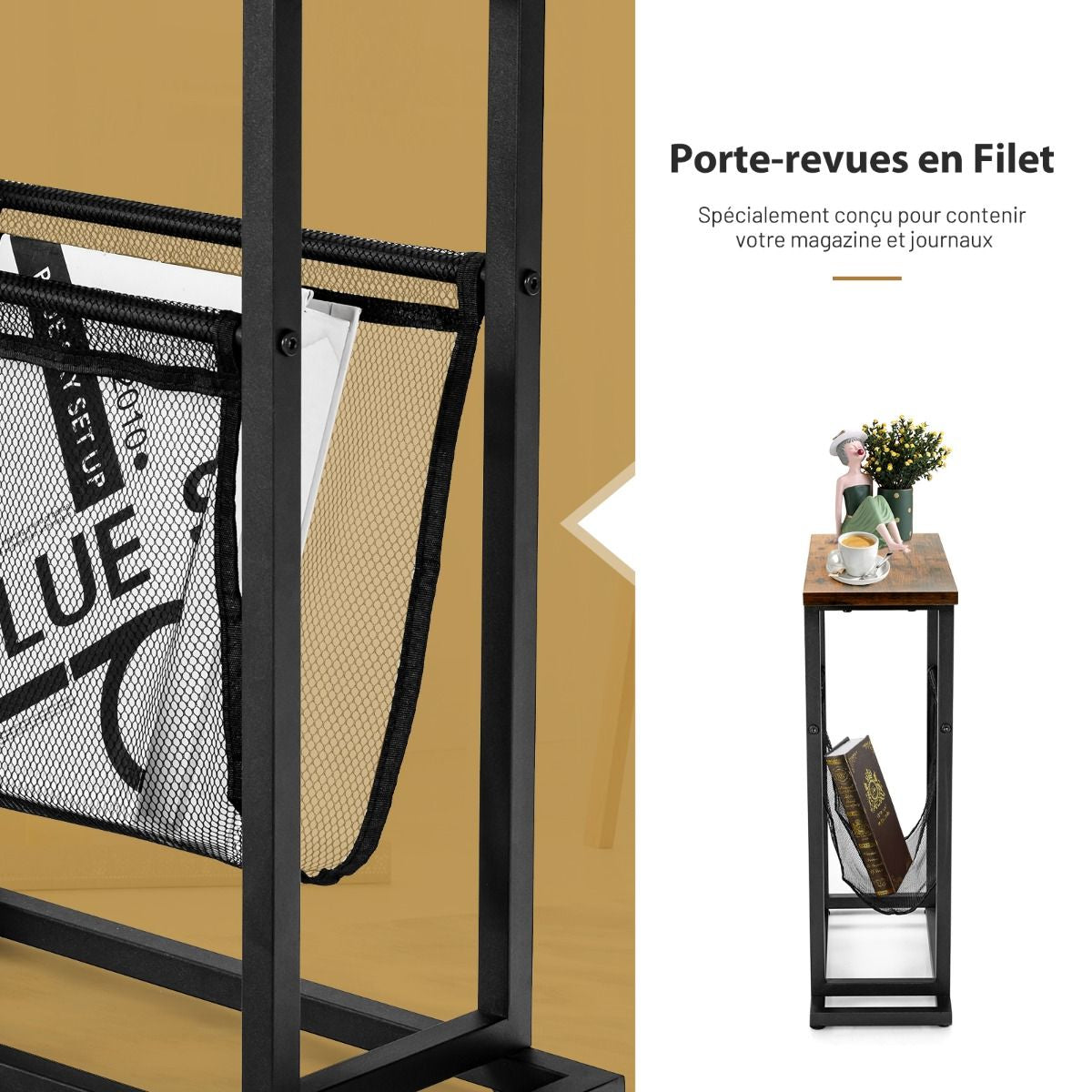 Table d'Appoint Étroite de Style Industriel avec Porte-revues en Maille et Patins Réglables pour Salon Chambre Bureau