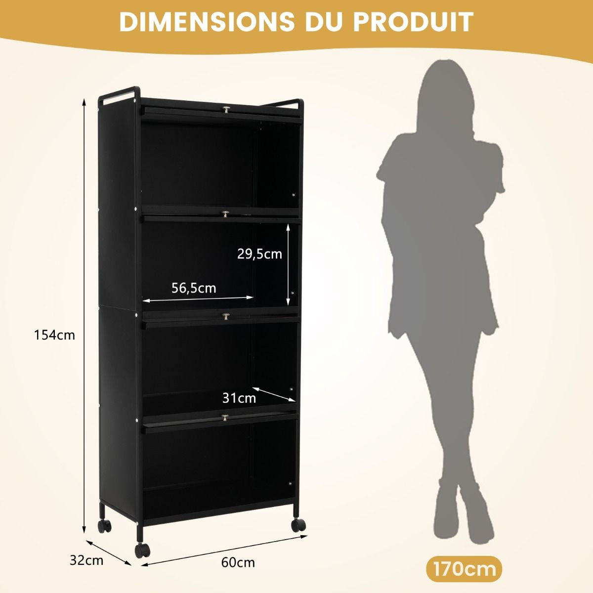 Étagère de Cuisine 5 Niveaux avec 4 Portes PC Escamotables Meuble de Rangement avec 4 Roues pour Salle à Manger Salon Noir