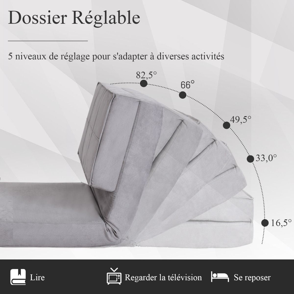 Canapé-Lit Paresseux Pliable Canapé de Sol Dossier Réglable 6 Positions Fauteuil-Lit Tissu en Daim Doux et Rembourré pour Chambre Salon Balcon Gris