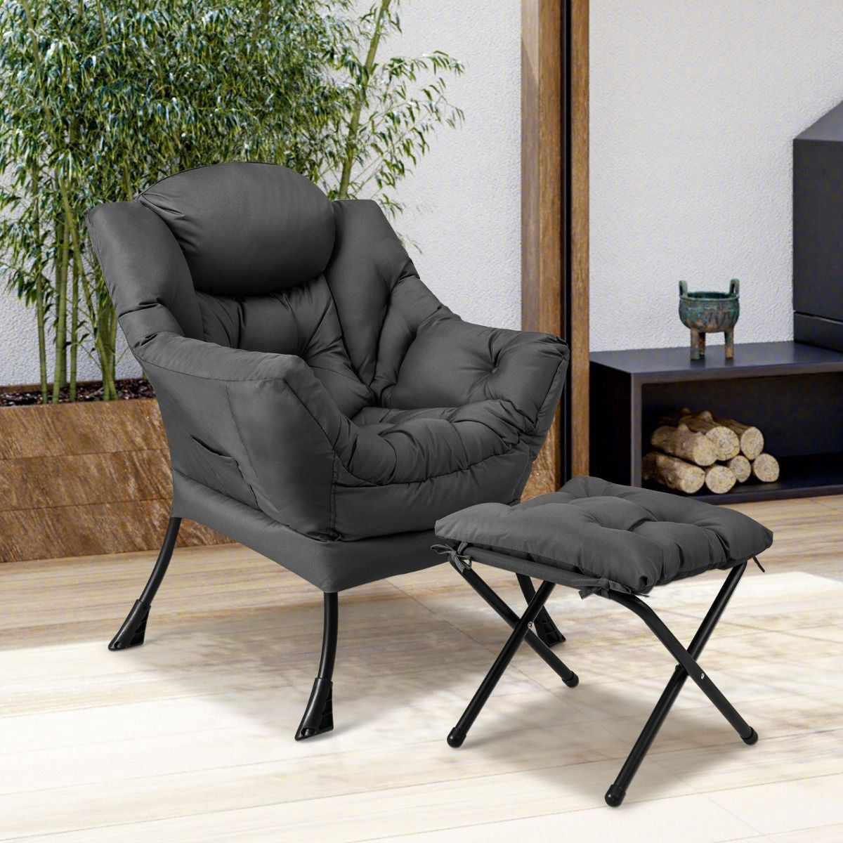 Fauteuil Paresseux avec Ottoman Fauteuil Moderne de Loisirs pour la Lecture avec Oreiller Accoudoirs Poche Latérale et Repose-pieds pour Salon Chambre Bureau Gris