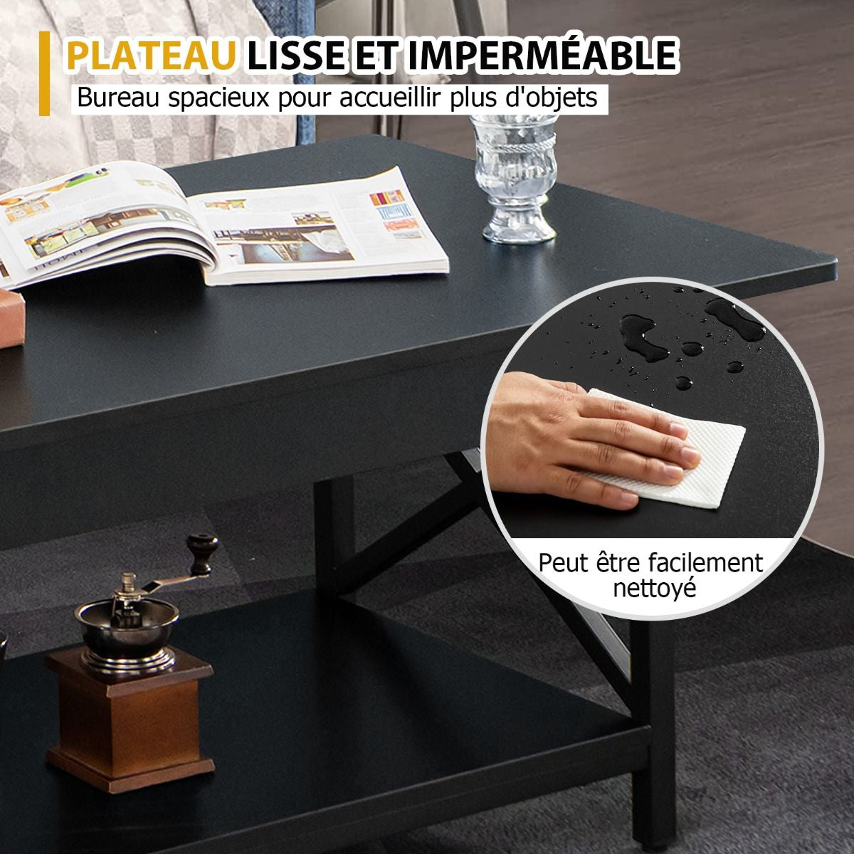 Table Basse 2 Niveaux avec Étagère Bois Cadre Métallique en Forme X Pieds Réglables Style Industrielle 110 x 60 x 48 cm Noir