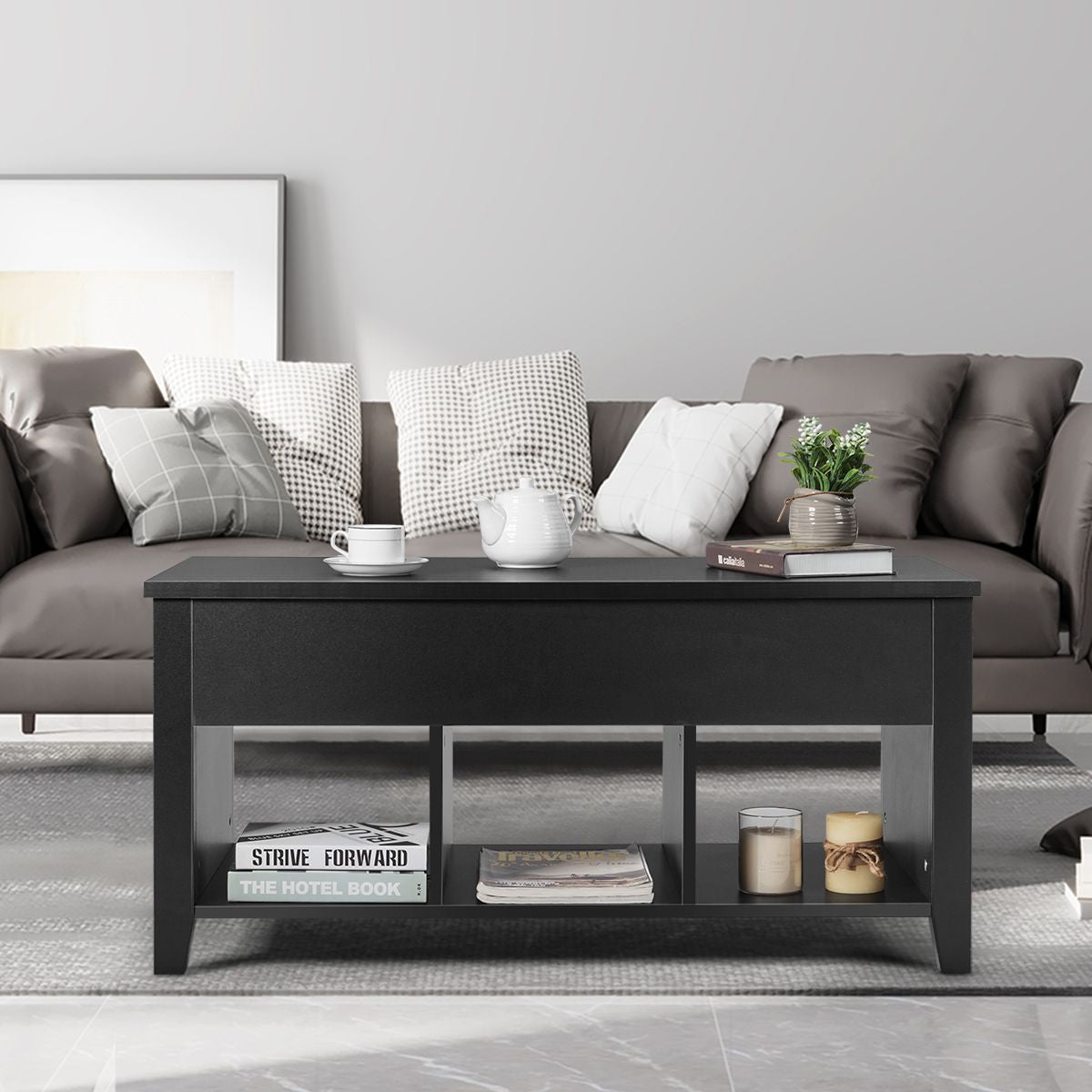 Table Basse avec Plateau Relevable Noir 104,5 x 49,5 x 48,5 CM avec Trois Compartiments pour Rangement Design Contemporain