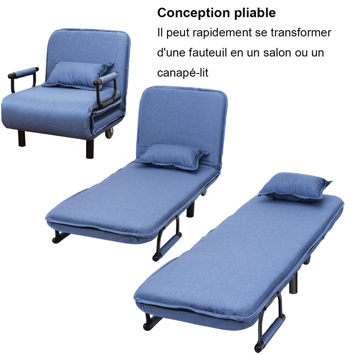 Fauteuil Convertible avec Accoudoirs et Dossier Réglable Rembourré par Éponge Roue avec Frein Bleu