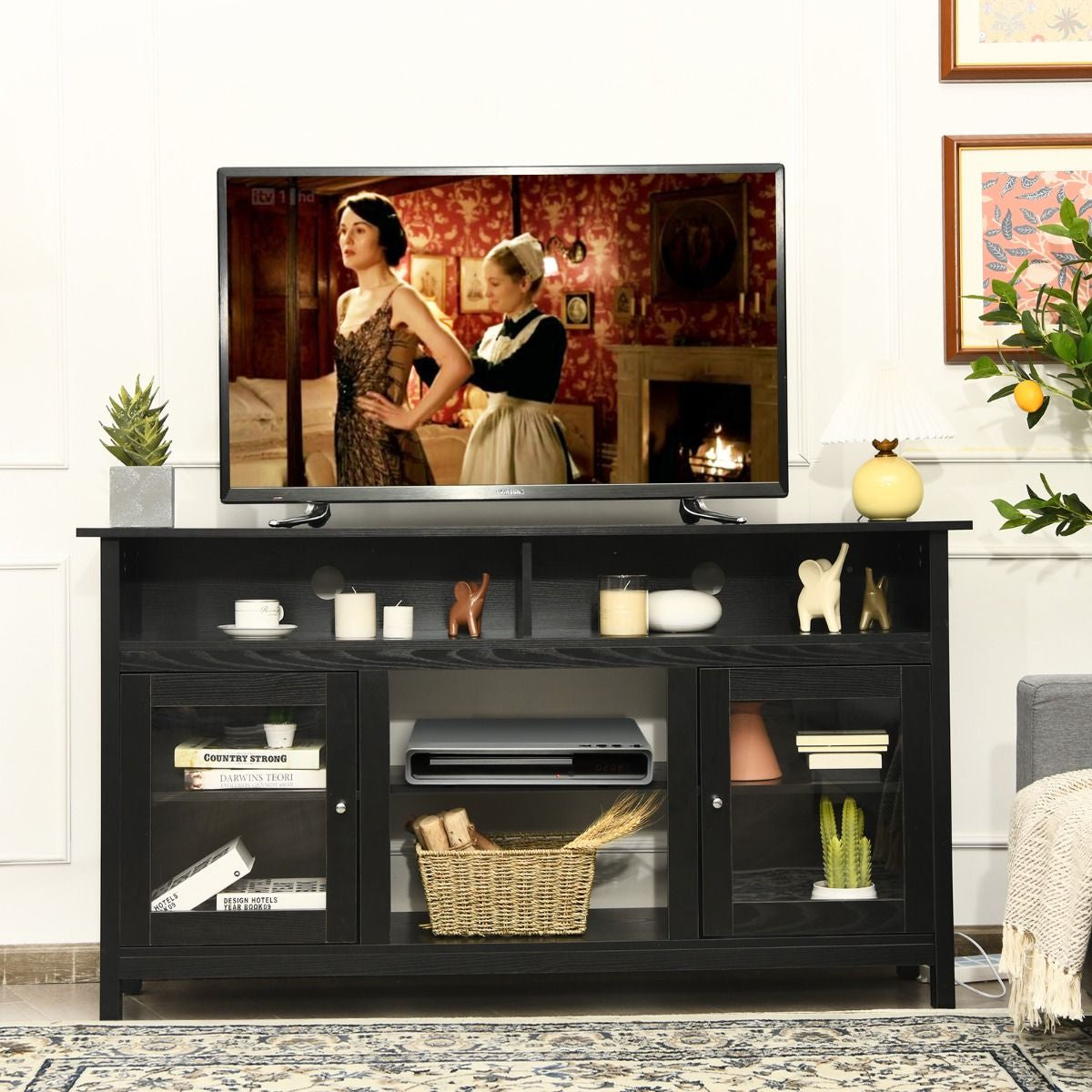 Meuble TV avec 2 Armoires Laterales et Étageres 18" Foyer Électrique pour Salon Chambre 147 x 40 x 81,5 cm Noir