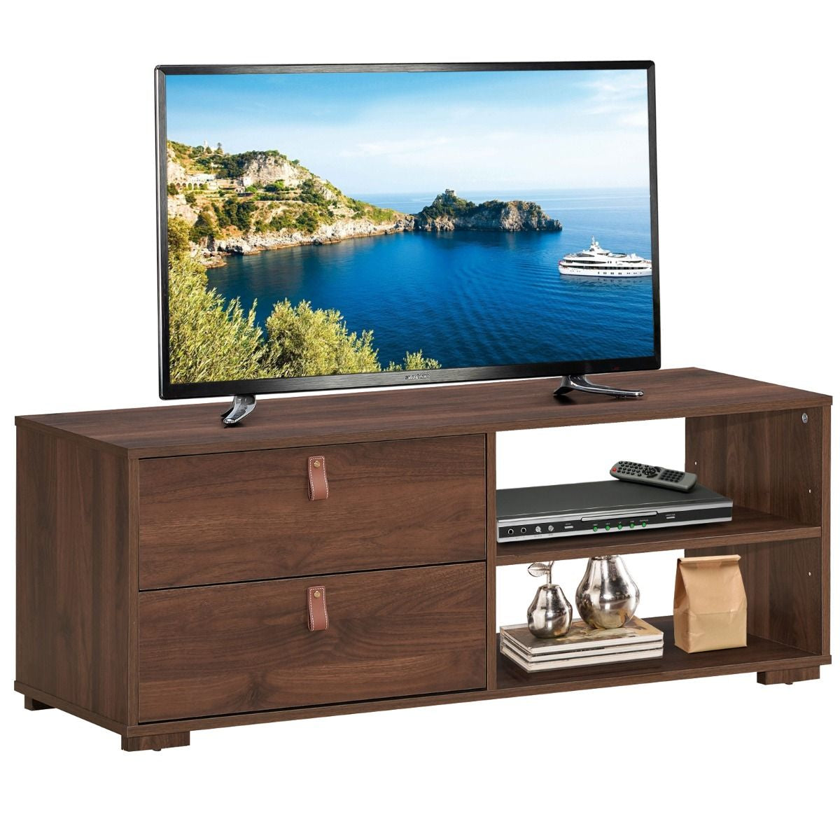 Meuble TV en Bois avec 2 Tiroirs Étagère Réglable Style Industriel 120,5 x 39 x 42 cm pour Salon Chambre Marron Rustique