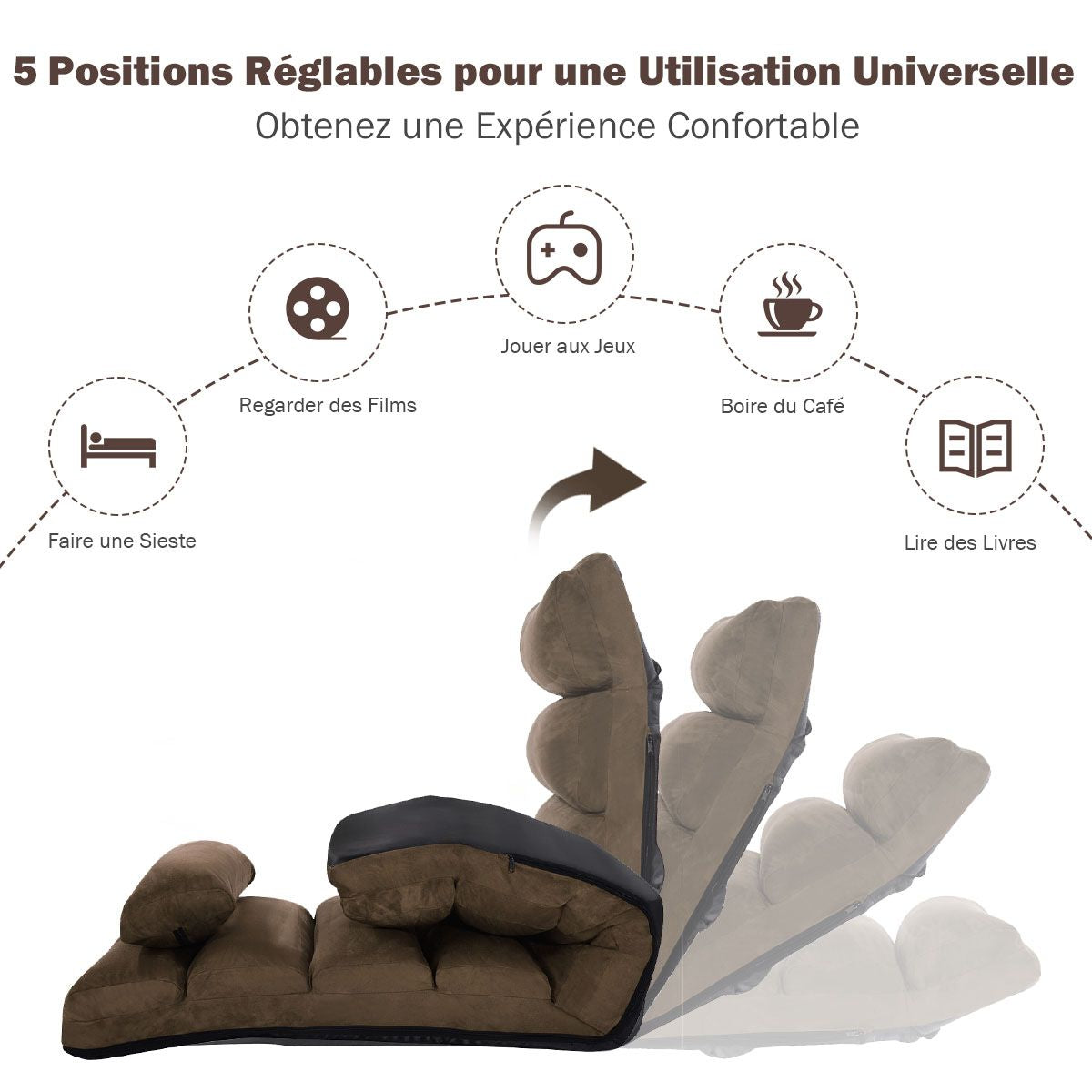 Fauteuil Relax Pliable Réglable sur 5 Positions en Faux Daim Chaise de Sol pour Salon Mobilier de Bureau Chambre Marron