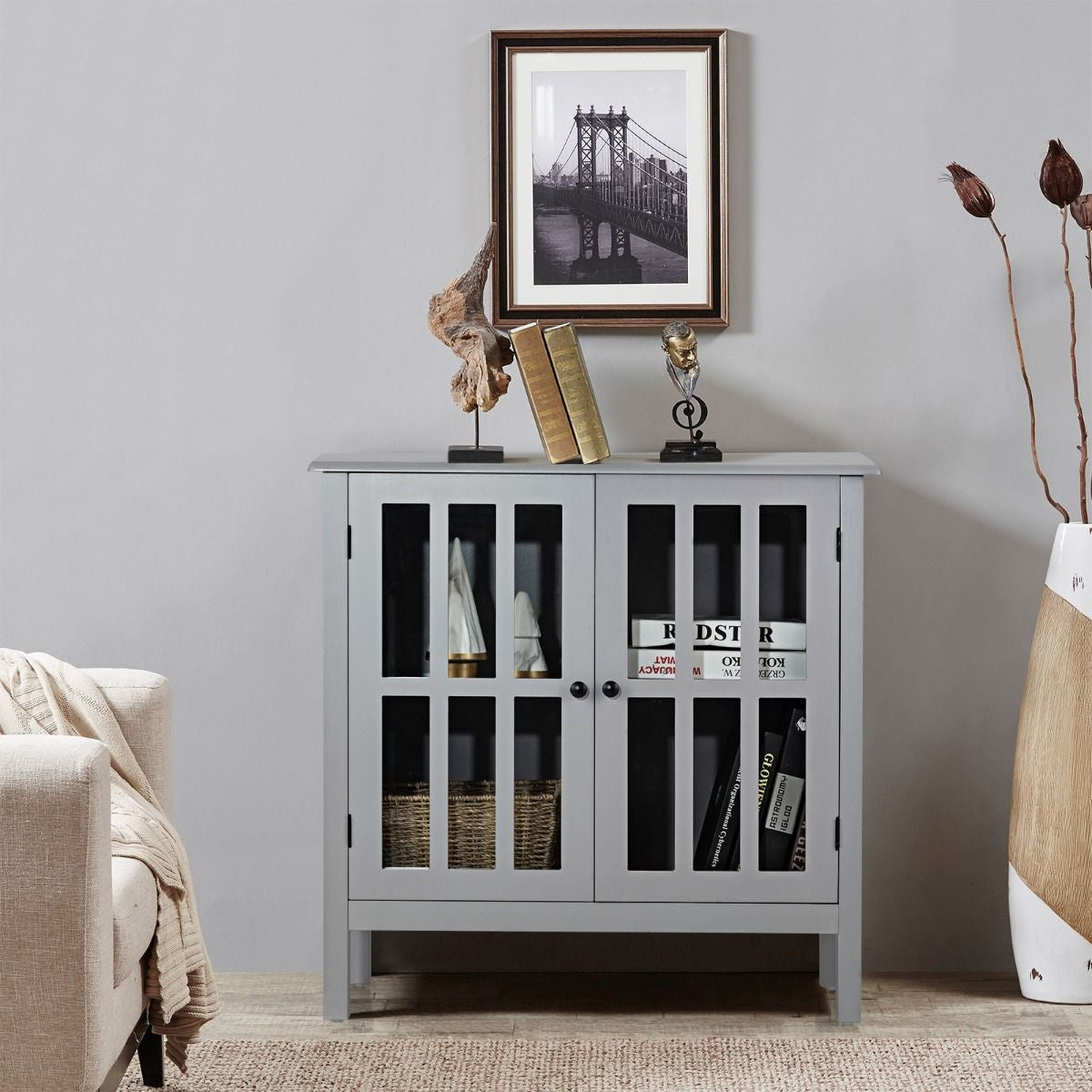 Buffet Bahut avec Porte un Verre Trempé 80,5 x 35 x 78 CM en Bois de Pin Gris