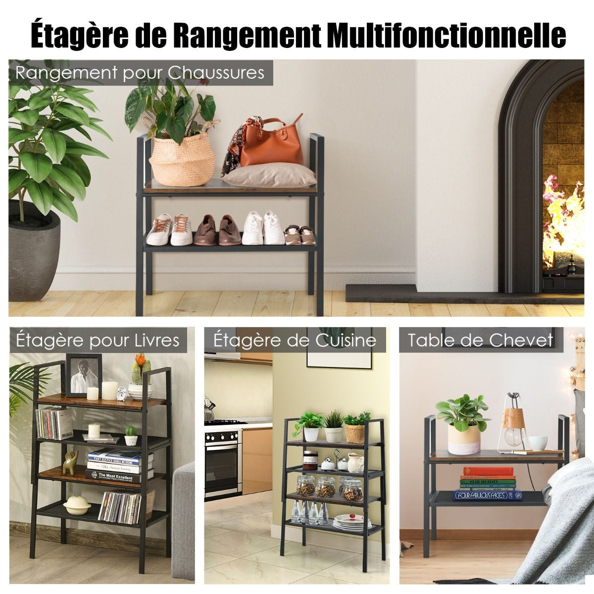 Lot de 2 Étagères de Rangement Empilable à 2 Niveaux 54 x 32 x 52 CM Étagère à Chaussures avec Structure en Métal Style Industriel