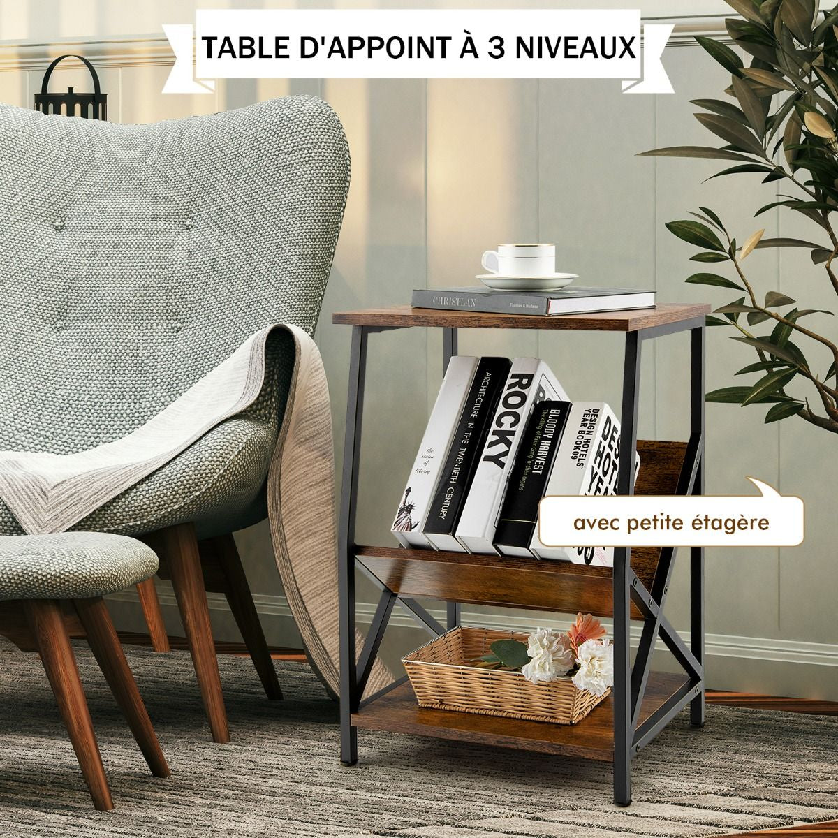 Table d'Appoint Industriel à 3 Niveaux Cadre en Métal 40 x 30 x 61 CM avec Étagère Ouverte pour Bureau Chambre