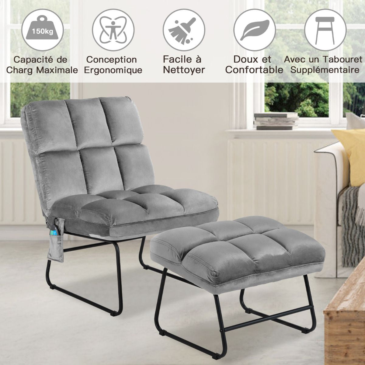 Fauteuil Relax 5 Modes de Massage en 4 Points sur Dos et Lombaire 2 Niveaux de Vibration en Velours Gris