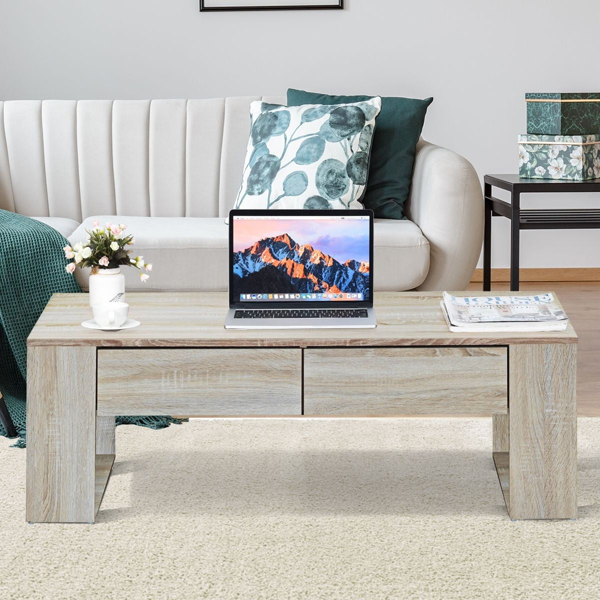 Table Basse en MDF Couleur de Chêne avec 2 Grands Tiroirs et 2 Tablettes Latérales