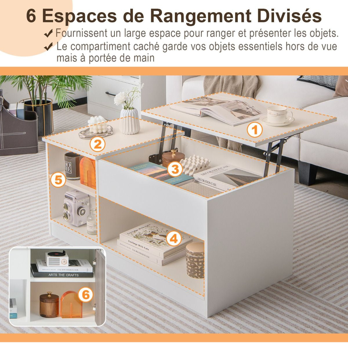 Table Basse avec Plateau Relevable avec Levage Pneumatique, Table de Salon avec 3 Compartiments ouverts et Placard à Porte