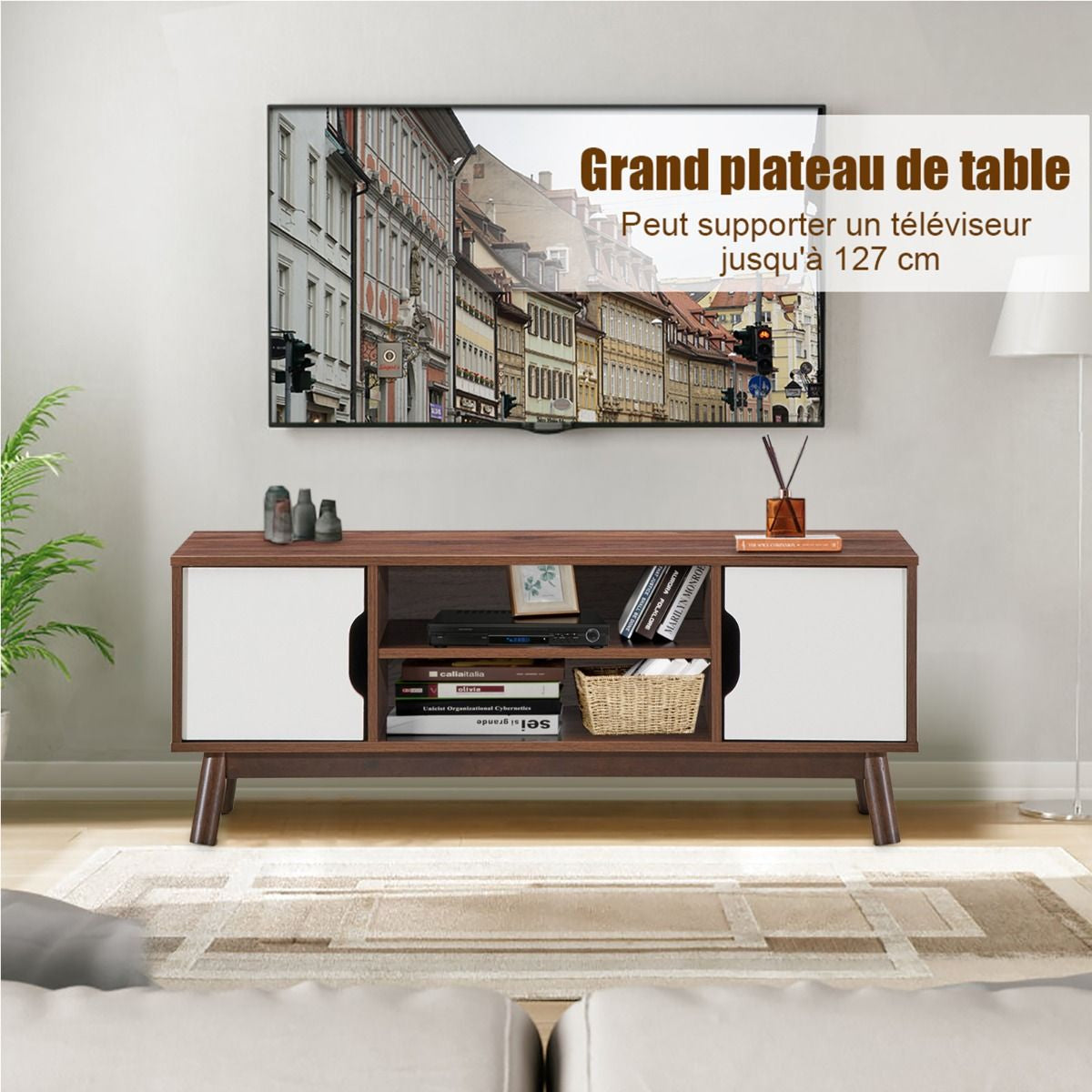 Meuble TV avec Compartiments et Étagères Jusqu’à 43 Pouces pour Salon Chambre Salle de Jeu 120x39x48,8cm Blanc&Noir