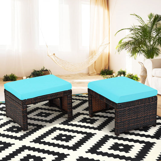 2 Tabouret de Jardin Résine Tressée en Rotin PE avec Coussin Souple en Éponge pour Terrasse et Piscine 49 x 40 x 33 CM Bleu