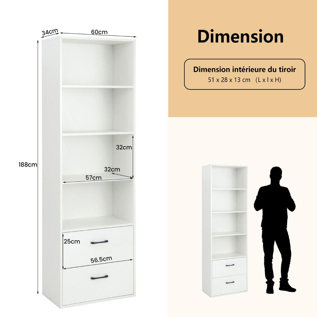 Bibliothèque Moderne 4 Compartiments Ouverts 2 Tiroirs 60x34x188CM Meuble de Rangement Dispositif Anti-renversement Blanc