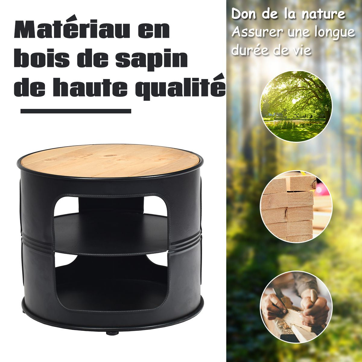 Table Basse Ronde avec Structure en Métal Inclus Etagères de Rangement à 3 Niveaux Style Industriel