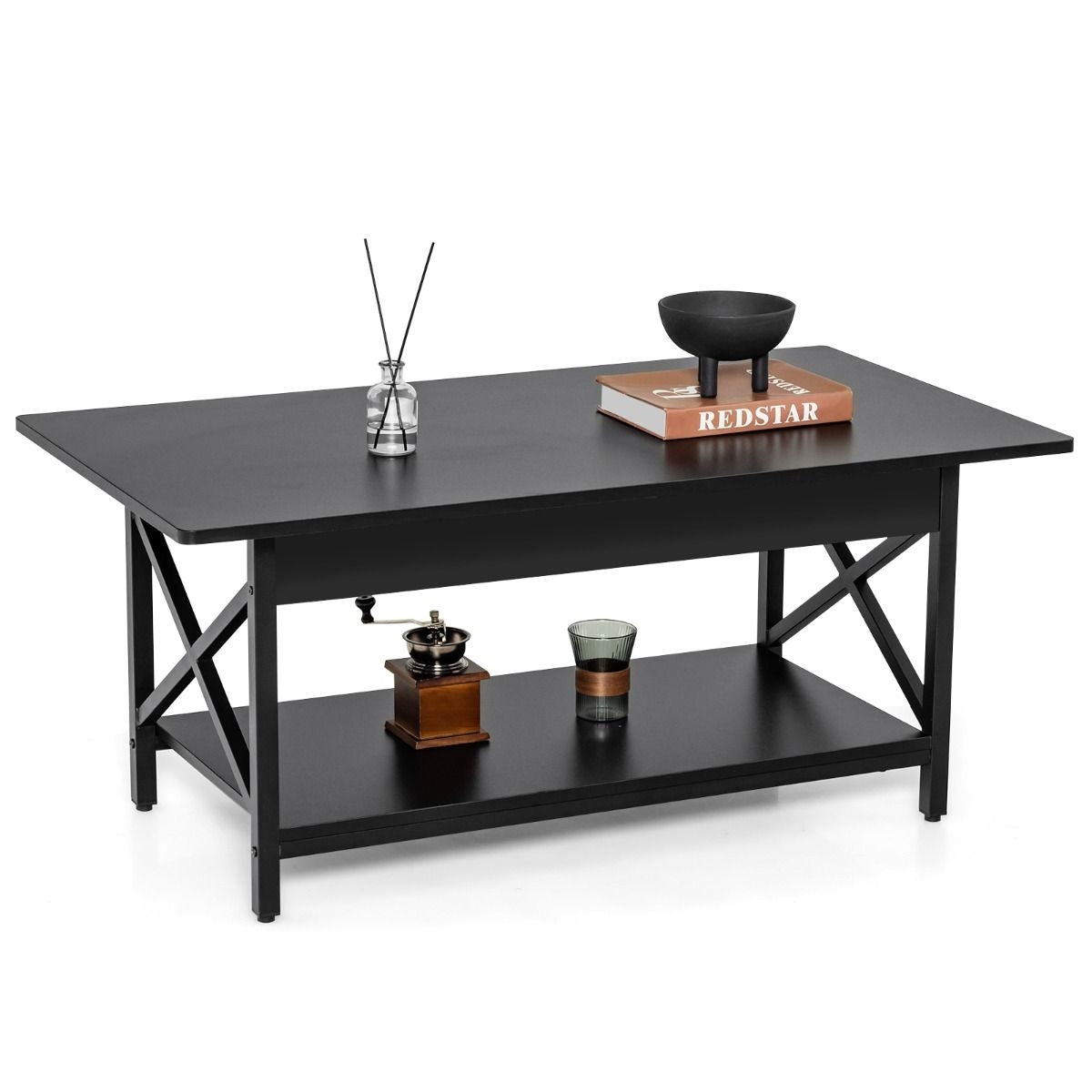 Table Basse 2 Niveaux avec Étagère Bois Cadre Métallique en Forme X Pieds Réglables Style Industrielle 110 x 60 x 48 cm Noir