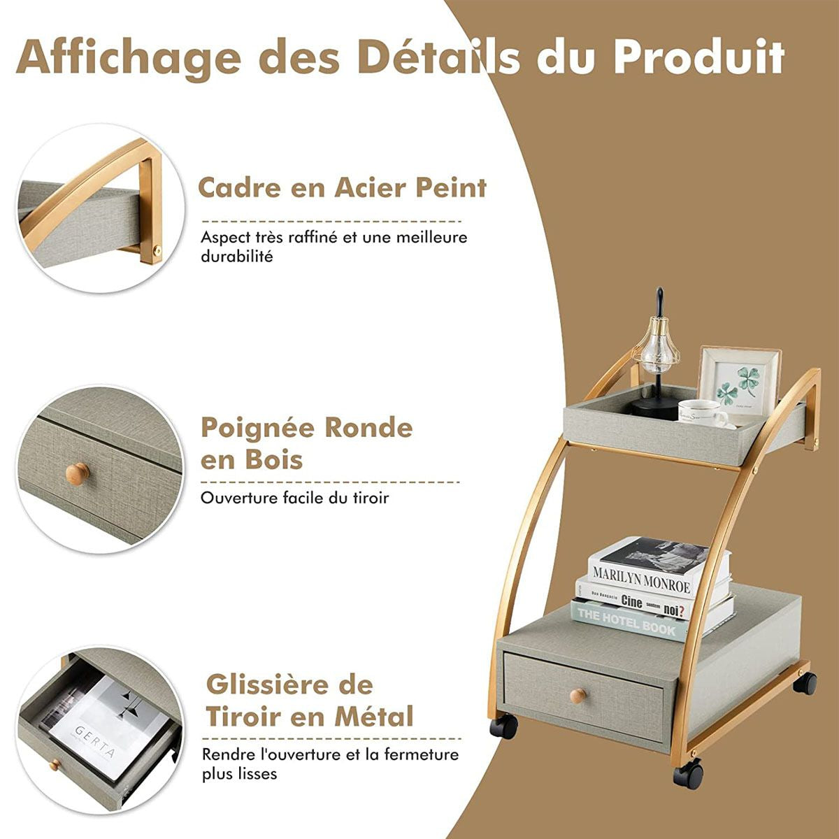 Table d'Appoint avec Plateau Amovible et Roues Verrouillables Chariot de Rangement Mobile pour Salon Chambre Bureau et Cuisine