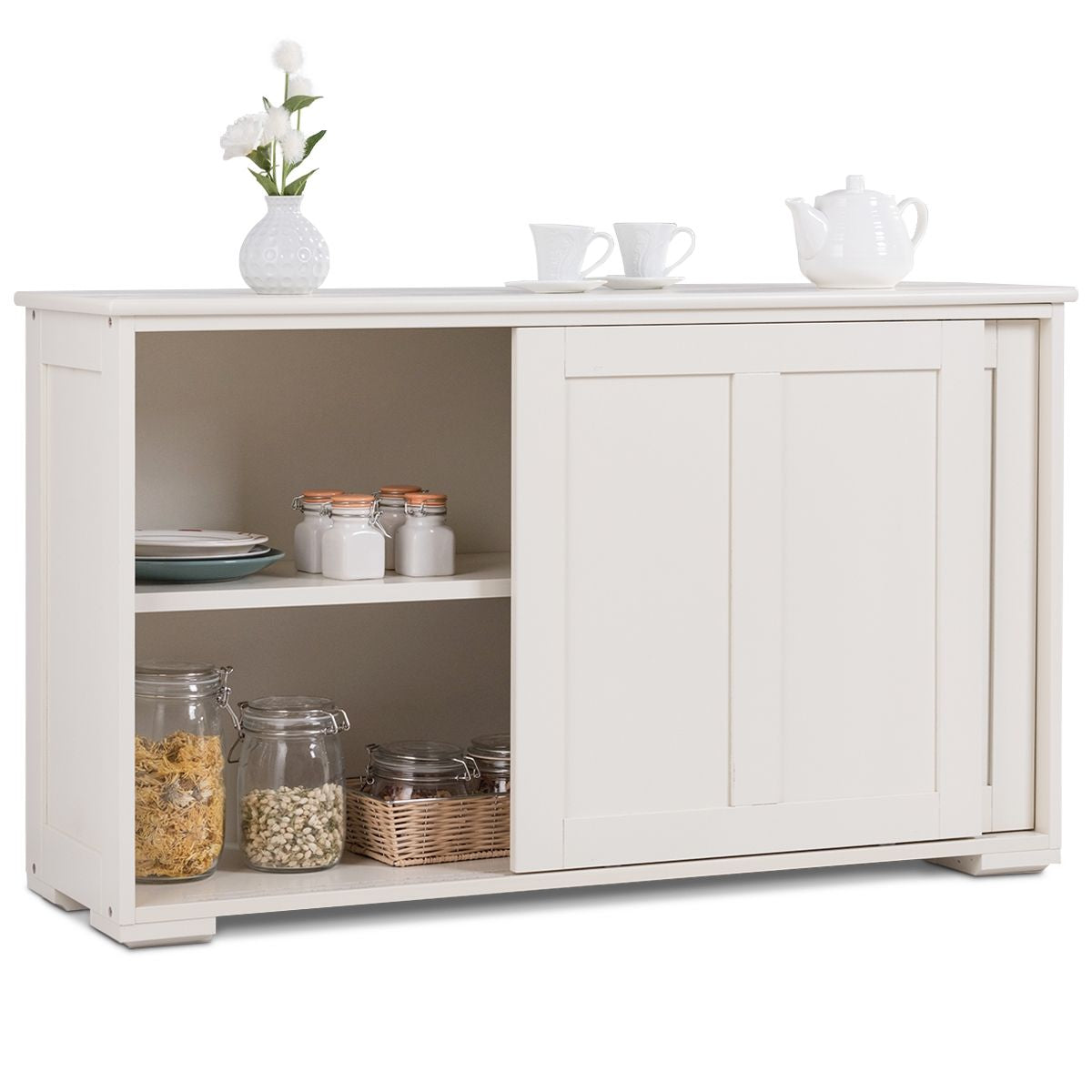 Buffet Armoire de Cuisine en MDF avec 2 Etagères de Rangement et 2 Portes Coulissantes Marron/Blanc