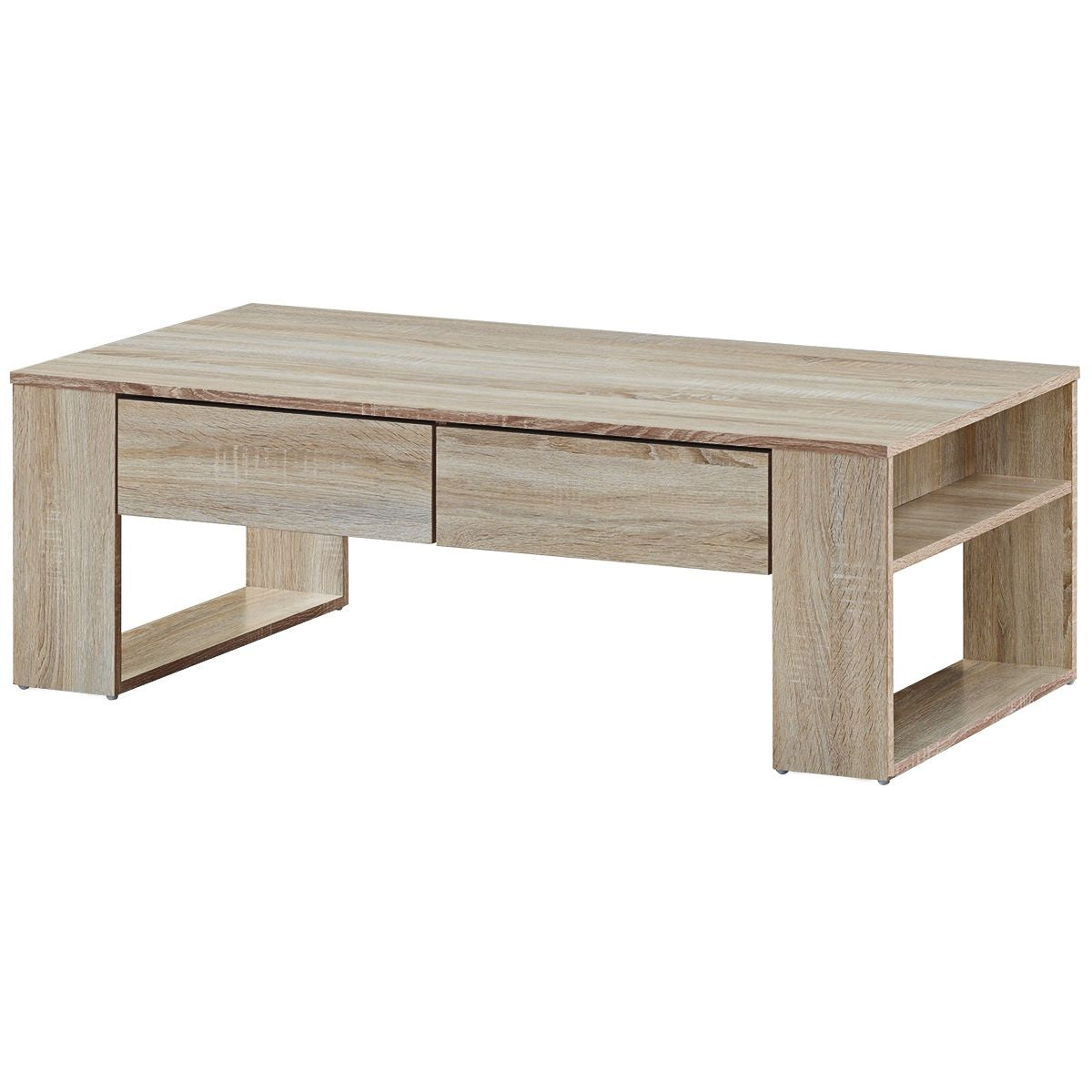 Table Basse en MDF Couleur de Chêne avec 2 Grands Tiroirs et 2 Tablettes Latérales