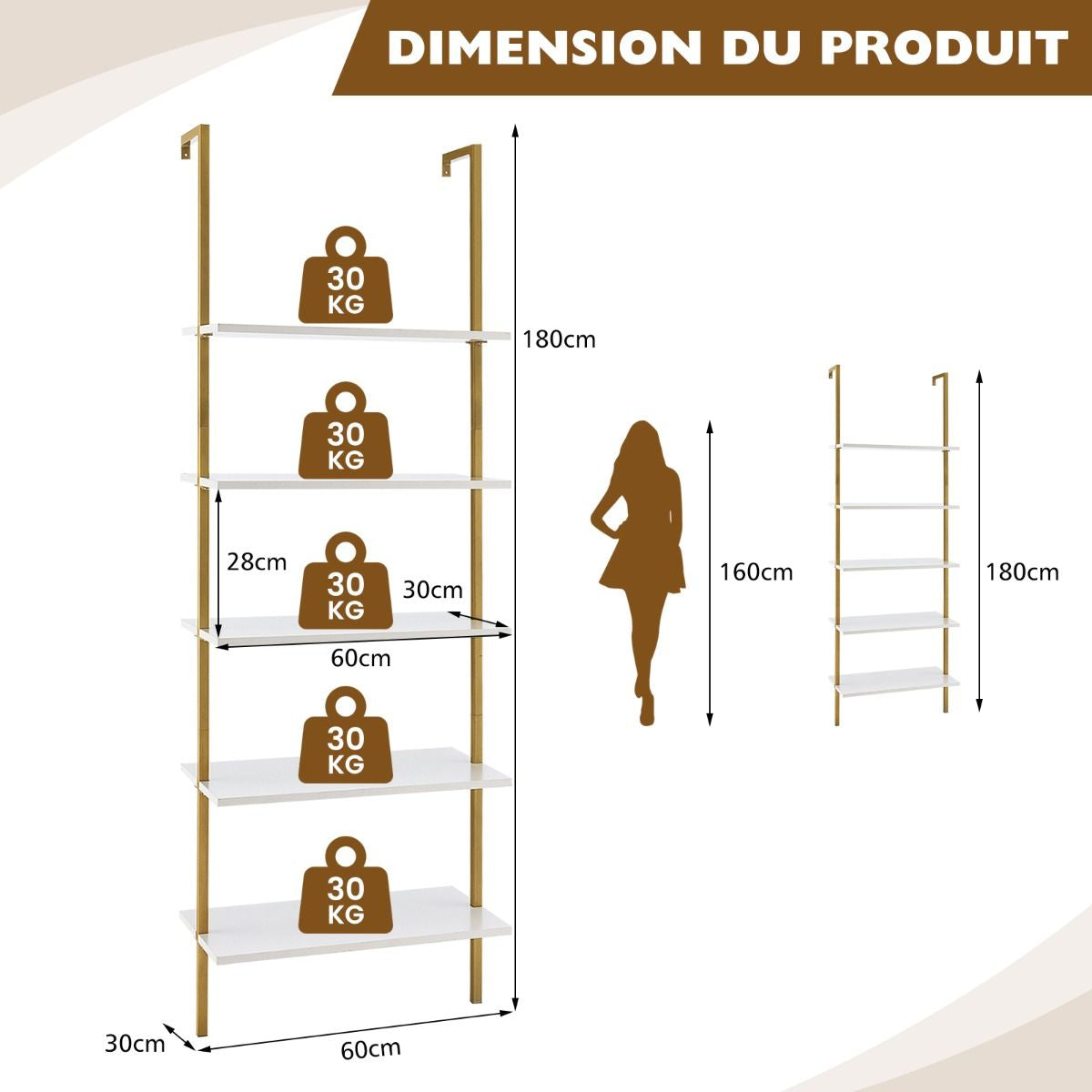 Étagère Murale/Échelle à 5 Niveaux 60x30x180CM Bibliothèque Élégante avec Patins Antidérapants et Structure en Acier Doré