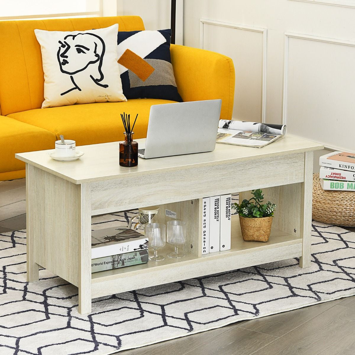 Table Basse avec Plateau Relevable avec Espace de Rangement Caché et Etagère Inférieur 109 x 47,5 x 50-63 cm Blanc