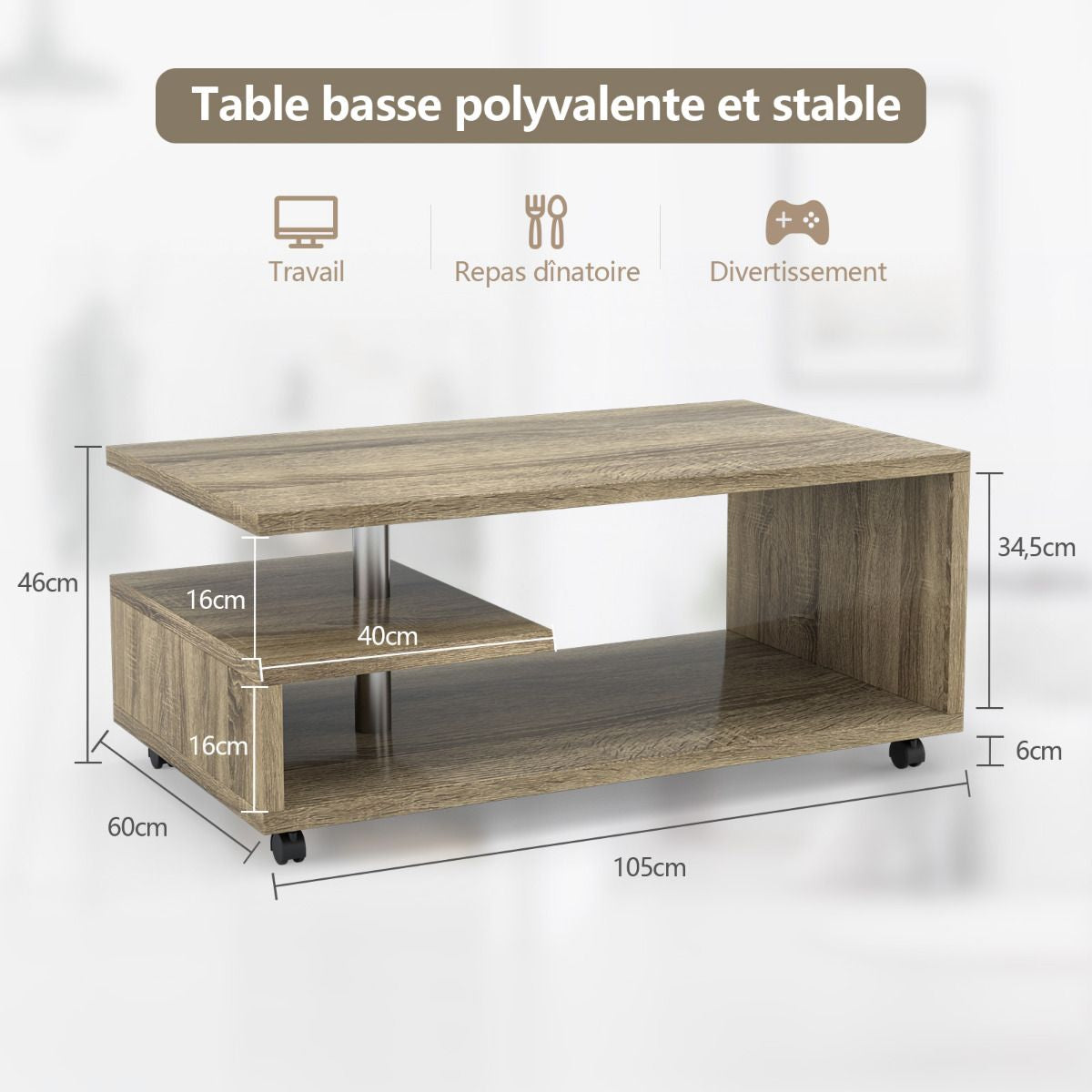 Table Basse à 3 Niveaux Table Basse de Salon avec 4 Roulettes et Étagère de Rangement 105 x 60 x 46 cm Café