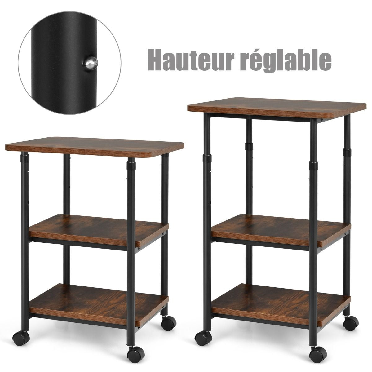 Support pour Imprimante à 3 Niveaux Pivotantes à 360 ° Mobile Hauteur Réglable Etagère de Rangement peu Encombrante Marron