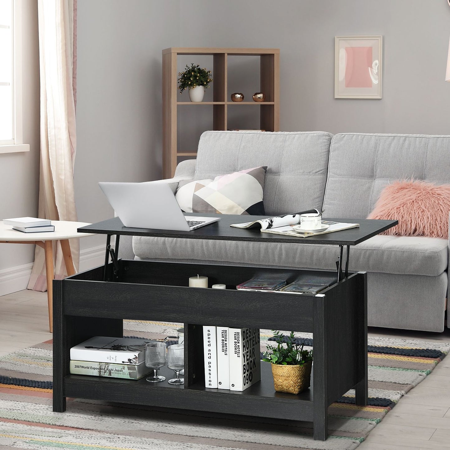 Table Basse avec Plateau Relevable avec Espace de Rangement Caché et Etagère Inférieur 109 x 47,5 x 50-63 cm Noir