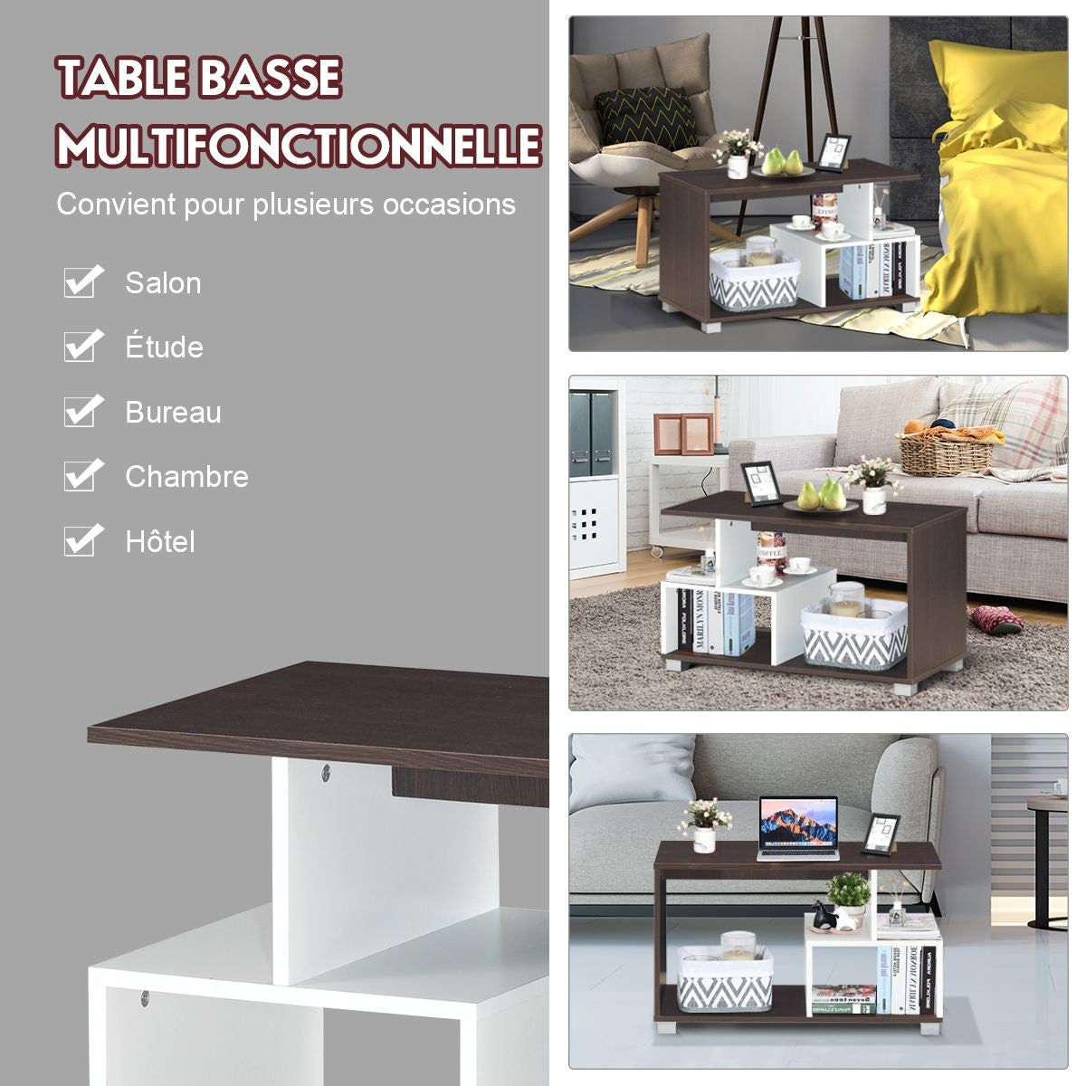 Table Basse avec 3 Etagères de Rangement de Style Moderne 80 x 40 x 48 CM Marron et Blanc