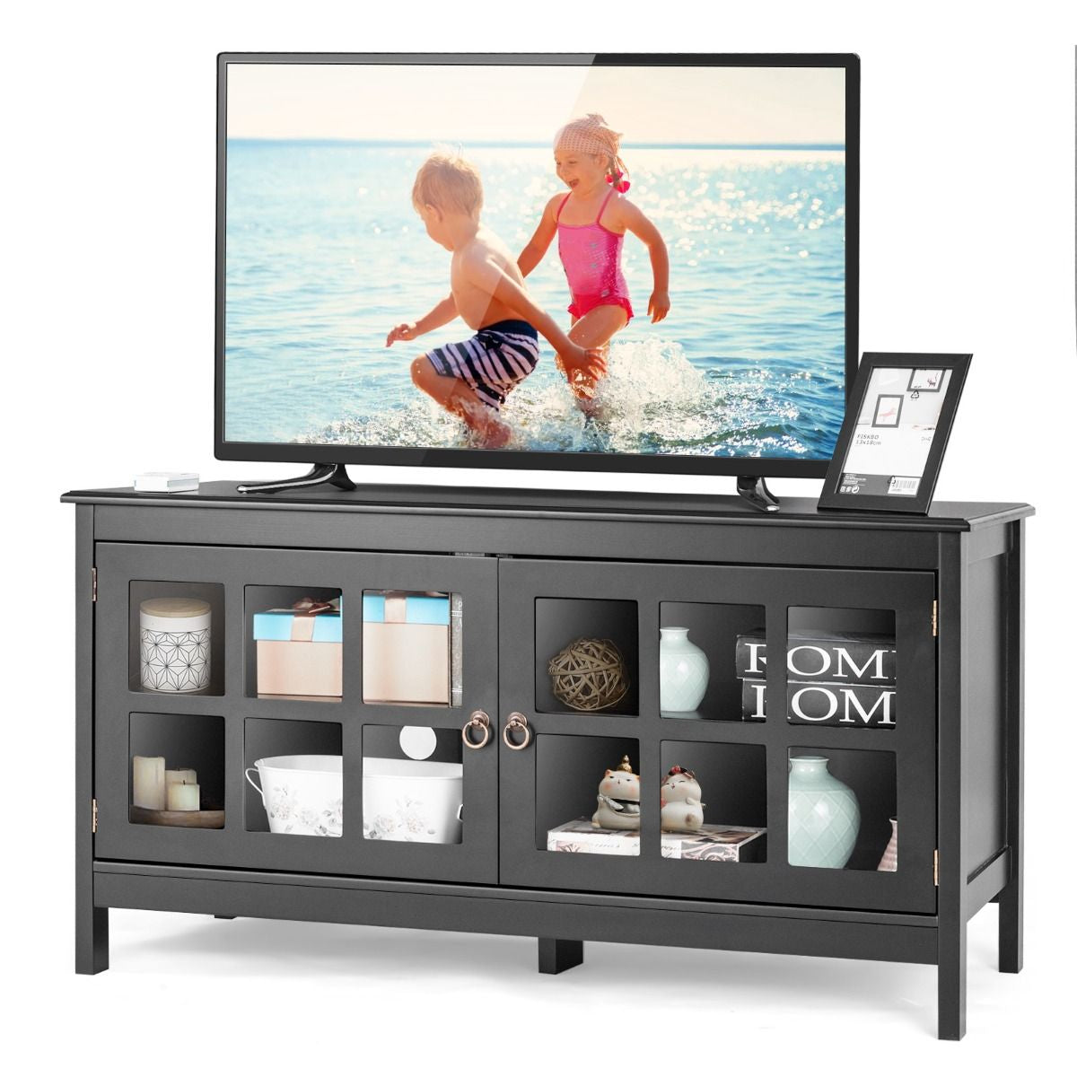 Meuble TV en Bois avec 2 Portes et 4 Compartiments 114 x 48,5 x 61 cm Style Moderne pour Salon et Chambre Noir