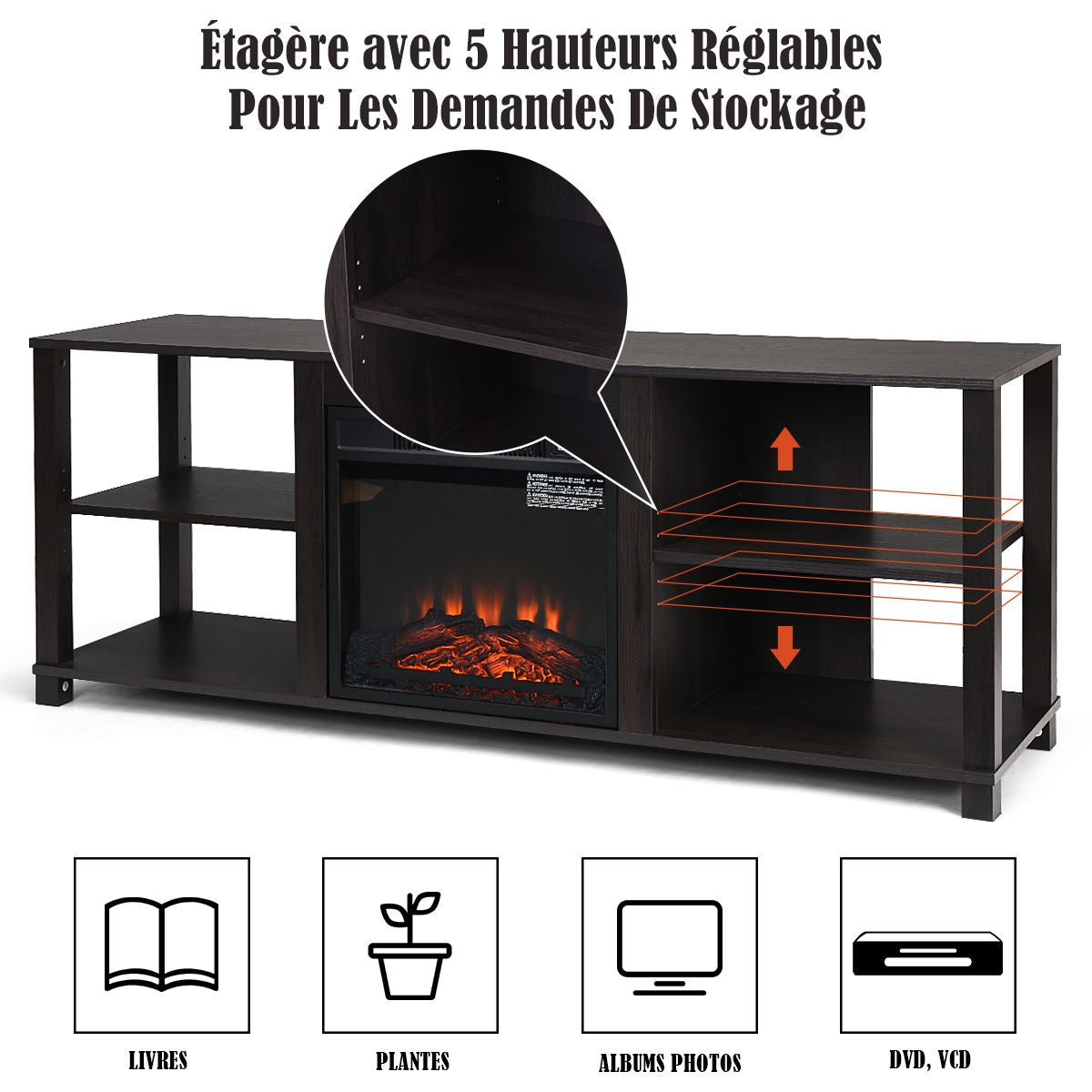 Meuble pour TV Max 65 Pouce avec Emplacement pour Cheminée Electrique et 2 Etagères pour Multimédia 150x40x58 cm (LxlxH)