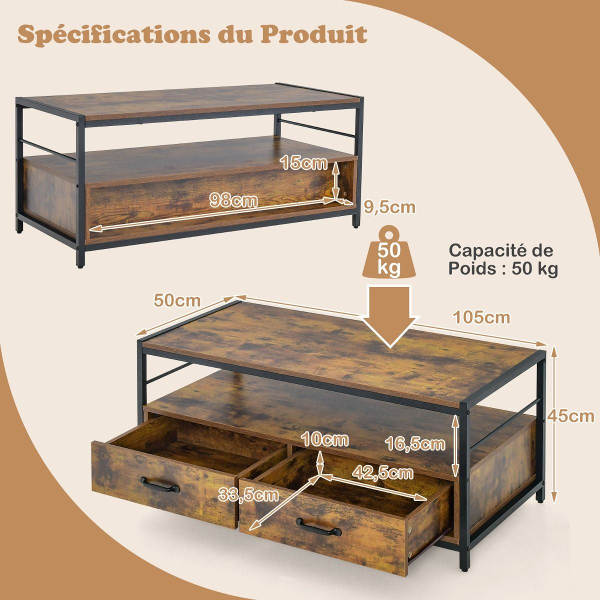 Table Basse Salon Table Basse Industrielle 2 Tiroirs et 2 Étagères Cadre en Métal Banc TV pour Télé 45 ″ au Max 105 x 50 x 45 cm