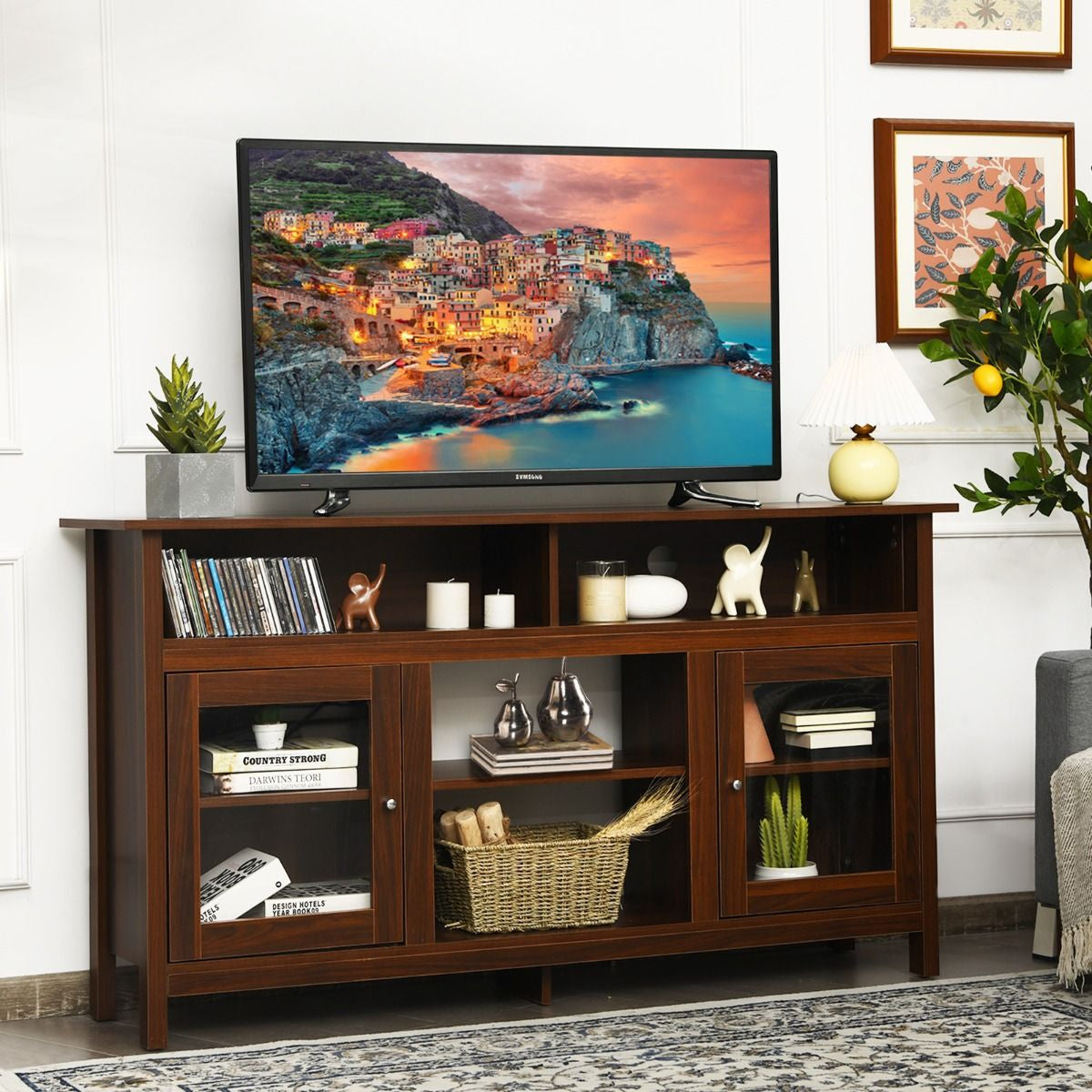 Meuble TV avec 2 Armoires Laterales et Étageres 18" Foyer Électrique pour Salon Chambre 147 x 40 x 81,5 cm Marron