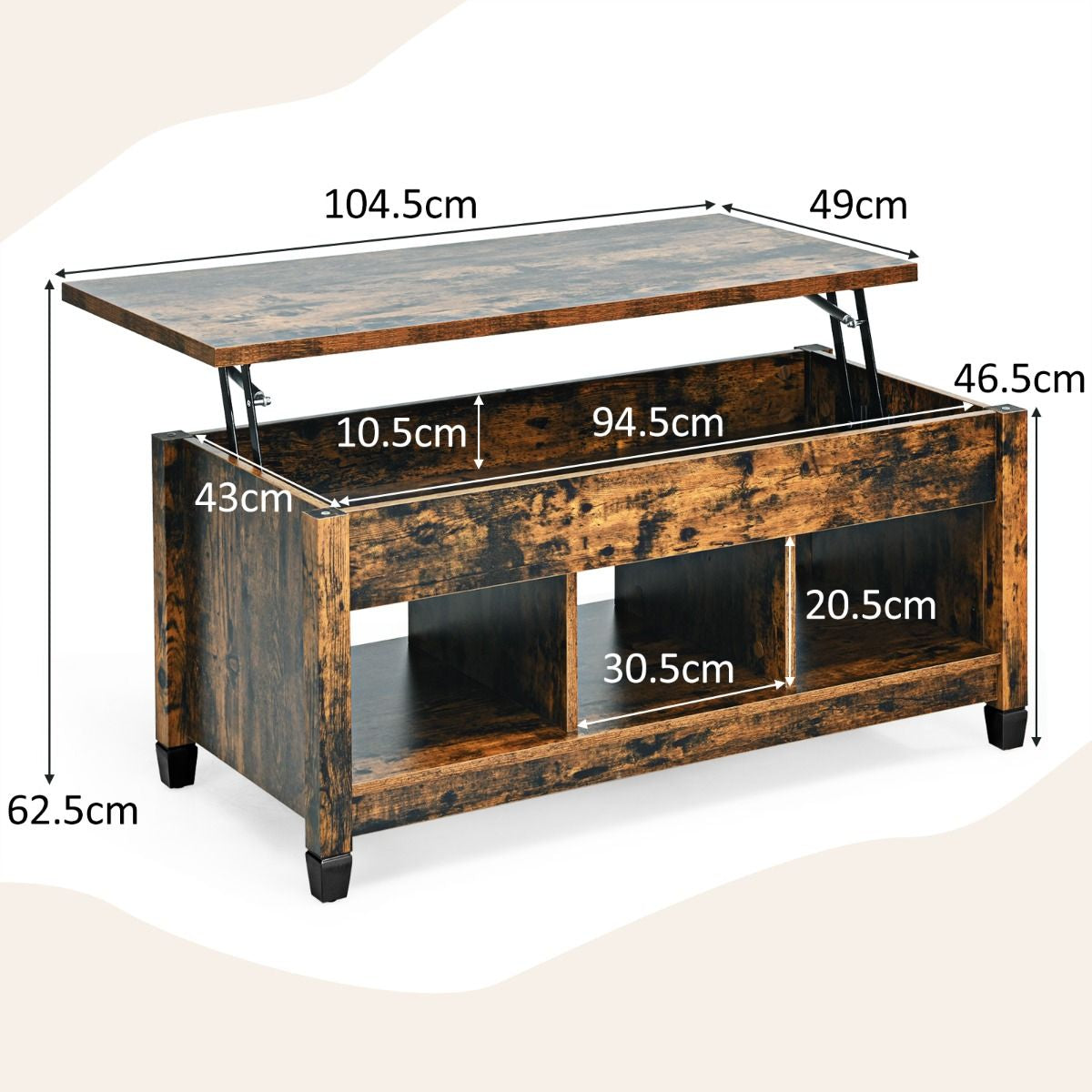Table Basse avec Plateau Relevable 3 Compartiments Ouverts pour Rangement Polyvalents pour Salon Bureau Marron