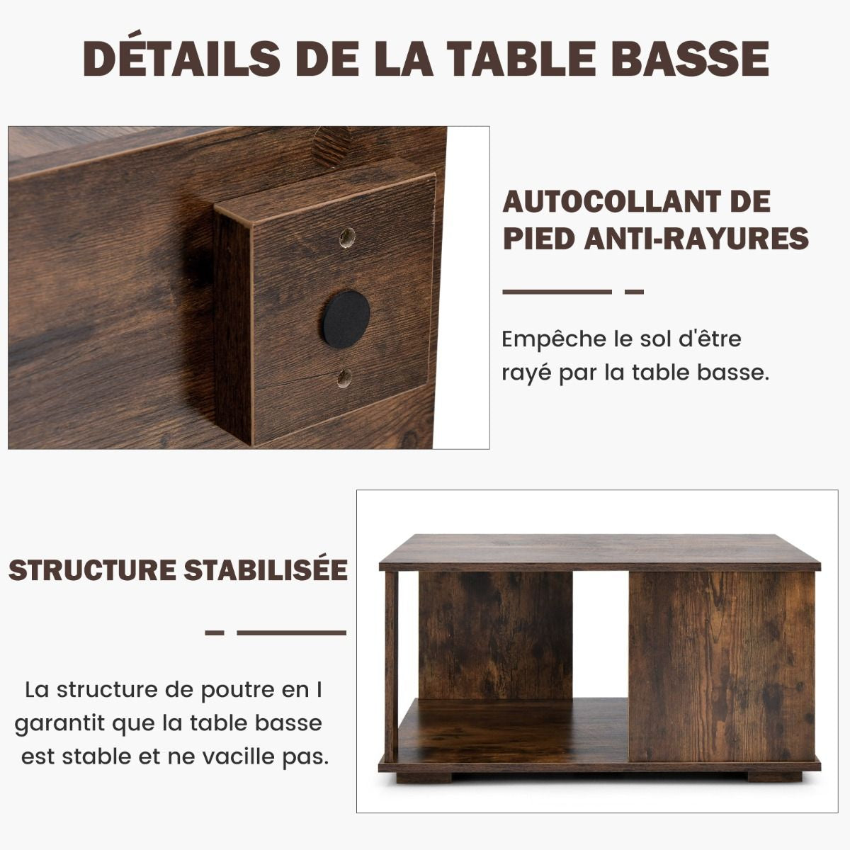 Table Basse Industrielle à 2 Niveaux 80x80x40CM Table de Salon avec Patins Antidérapants, Table d’Appoint pour Chambre et Bureau  Café