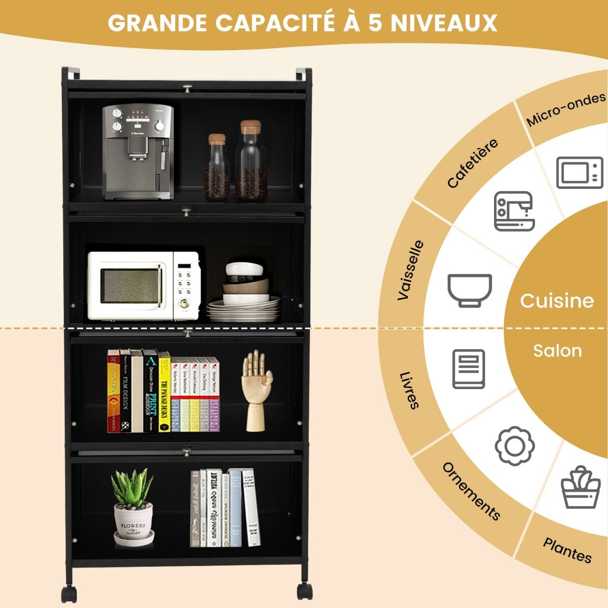 Étagère de Cuisine 5 Niveaux avec 4 Portes PC Escamotables Meuble de Rangement avec 4 Roues pour Salle à Manger Salon Noir