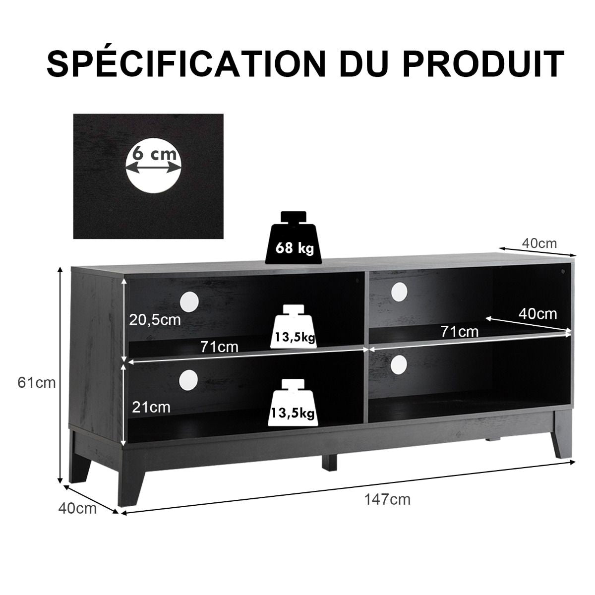 Meuble TV/Banc TV 147 X 40 X 61 CM Support télévision avec 4 Étagères de Rangement Ouvertes Tapis Antidérapant Café