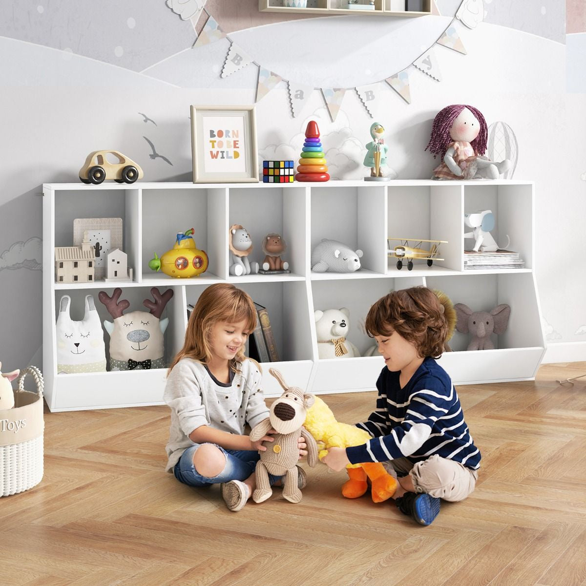 Bibliothèque pour Enfants à 9 Casiers, Étagère de Rangement Jouets pour Enfants avec Kits Anti-Basculement Étagère à Livres Enfants 90 x 40 x 76 cm Blanc