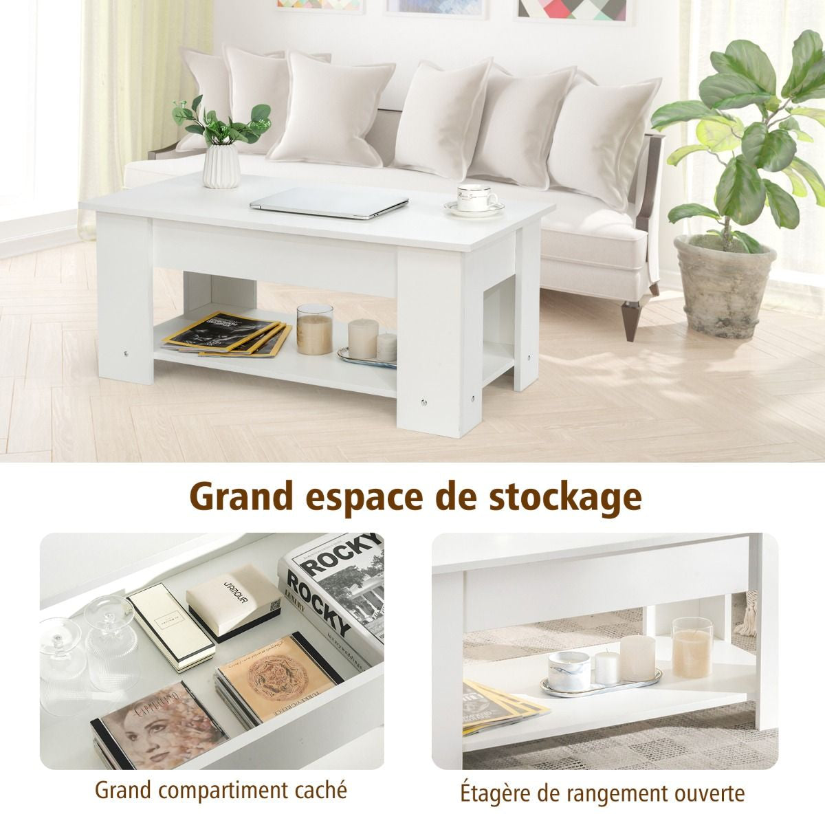 Table Basse avec Plateau Relavable et 1 Etagère pour Rangement Style Moderne 98 x 51 x 42 CM Blanc