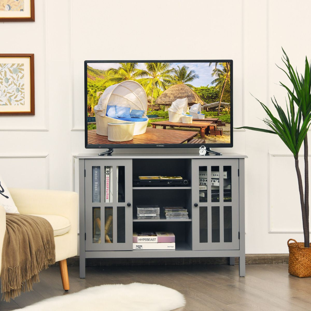 Meuble TV Support TV avec Rangement 3 Etagères, Banc TV 109 x 39,5 x 77 CM Style Simple et Contemporain Gris