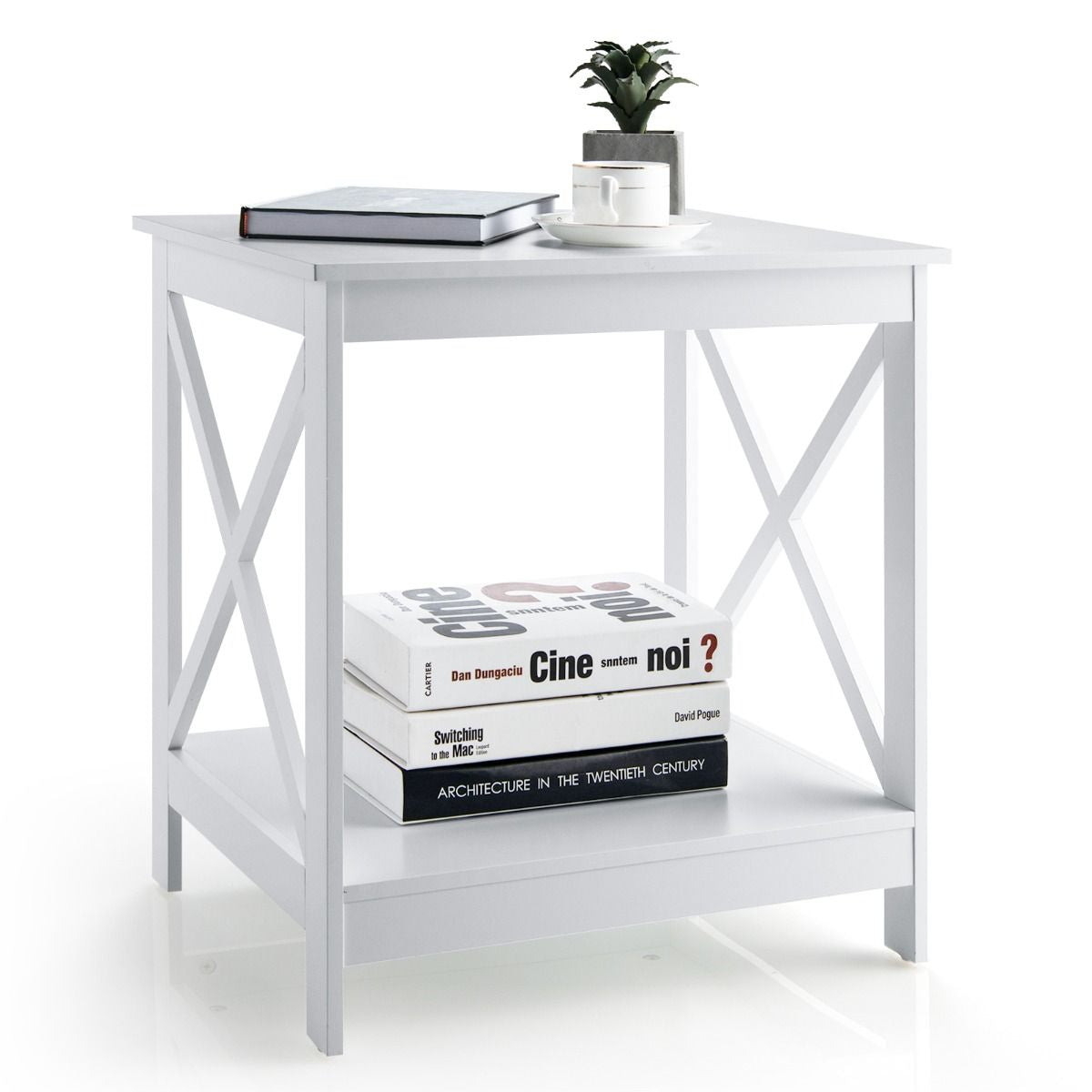 Table d'Appoint à 2 Niveaux de Style Moderne 51 x 45 x 56,5cm (L x l x H) Cadre Stable en Forme de X Blanc