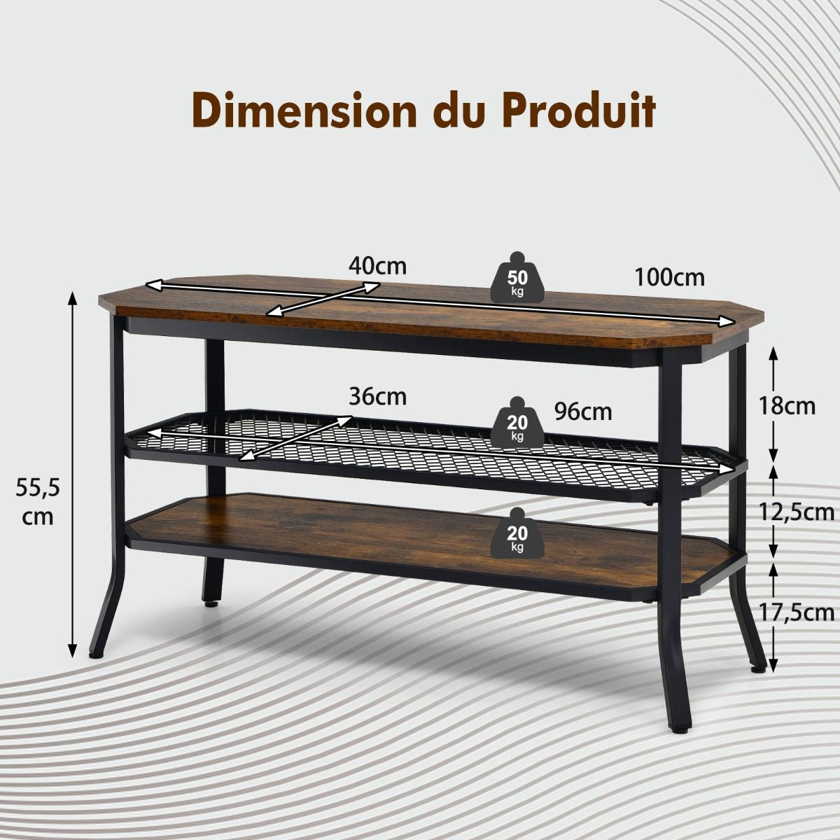 Meuble TV à 3 Niveaux 100 x 40 x 55,5 cm Structure en Acier Design Grain de Bois et Style Industriel pour Salon Chambre