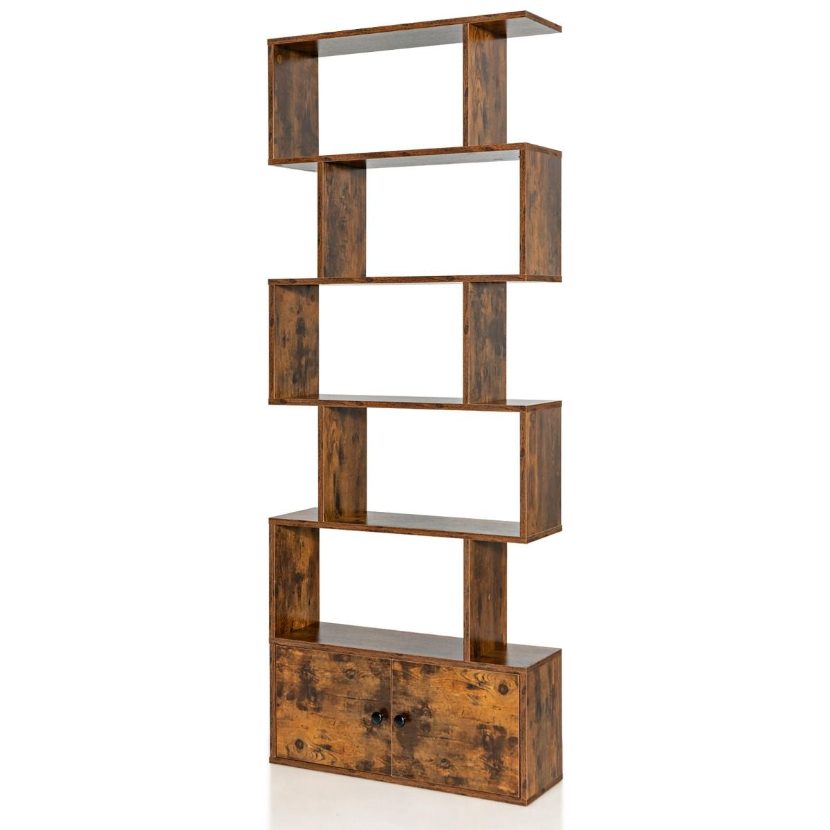 Bibliothèque Étagère Échelle en Bois à 6 niveaux avec 2 Portes 70 x 23 x 183 cm Style Moderne Forme en S Marron Rustique