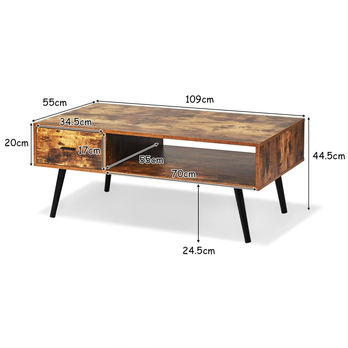 Table Basse Industrielle 109 x 55 x 44,5 CM avec 1 Tiroir et Etagère de Stockage Cadre en Métal