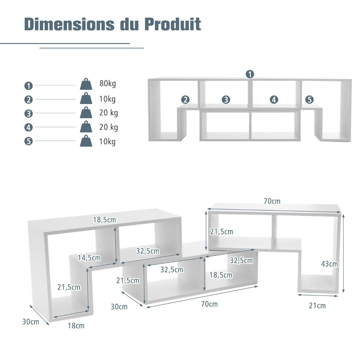 Meuble TV 3 Pièces 140x30x43cm Combination Libre pour Télévision Jusqu’à 49 Pouces pour Salon Chambre Bureau en MDF Blanc