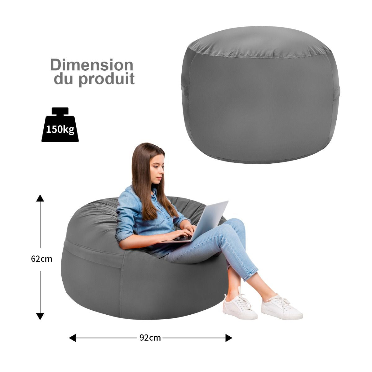 Pouf Poire 92 CM Ultra Confortable Rempli d'Éponge Doublure Indépendante Housse en Microfibre pour Chambre/Salon Gris