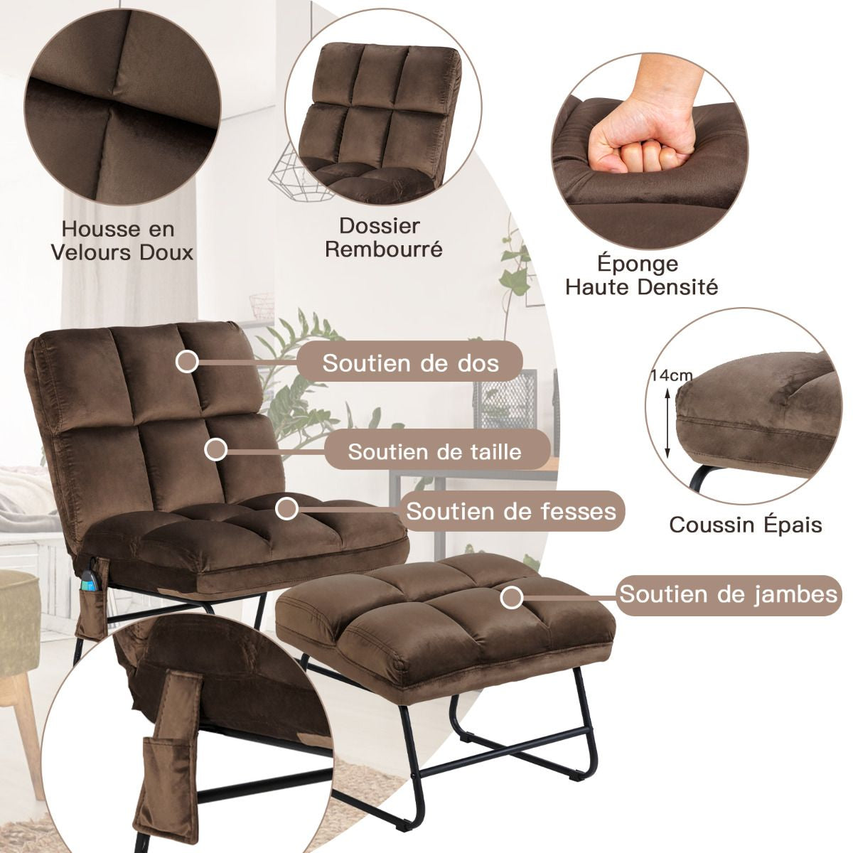 Fauteuil Relax 5 Modes de Massage en 4 Points sur Dos et Lombaire 2 Niveaux de Vibration en Velours  Marron